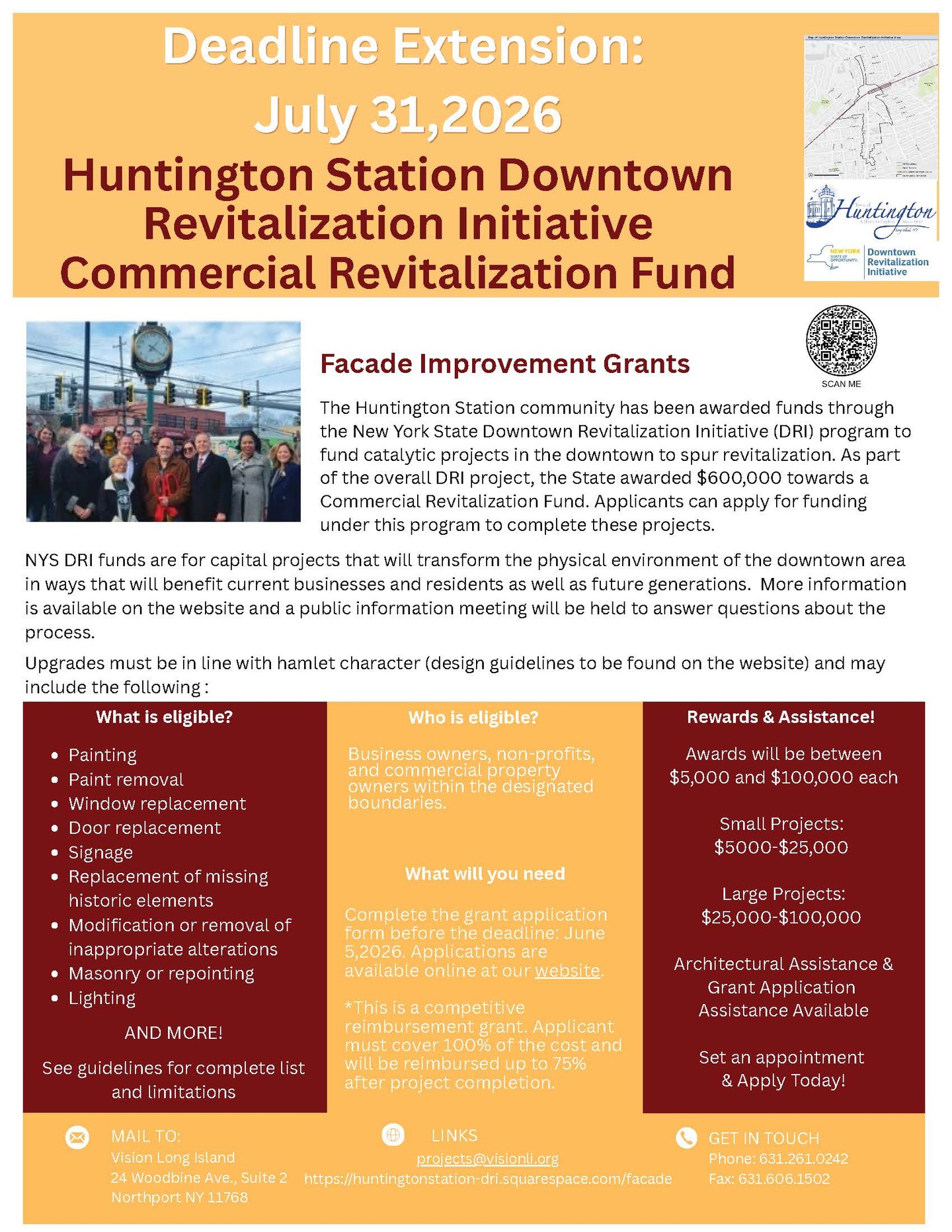 Revitalize your storefront and invest in Huntington Station’s future ✨
Facade Improvement Grants now available — Deadline extended!! Apply by July 31, 2026!
See the updated flyer(s) here!!
View the website for more information:
https://huntingtonstation-dri.squarespace.com/facade