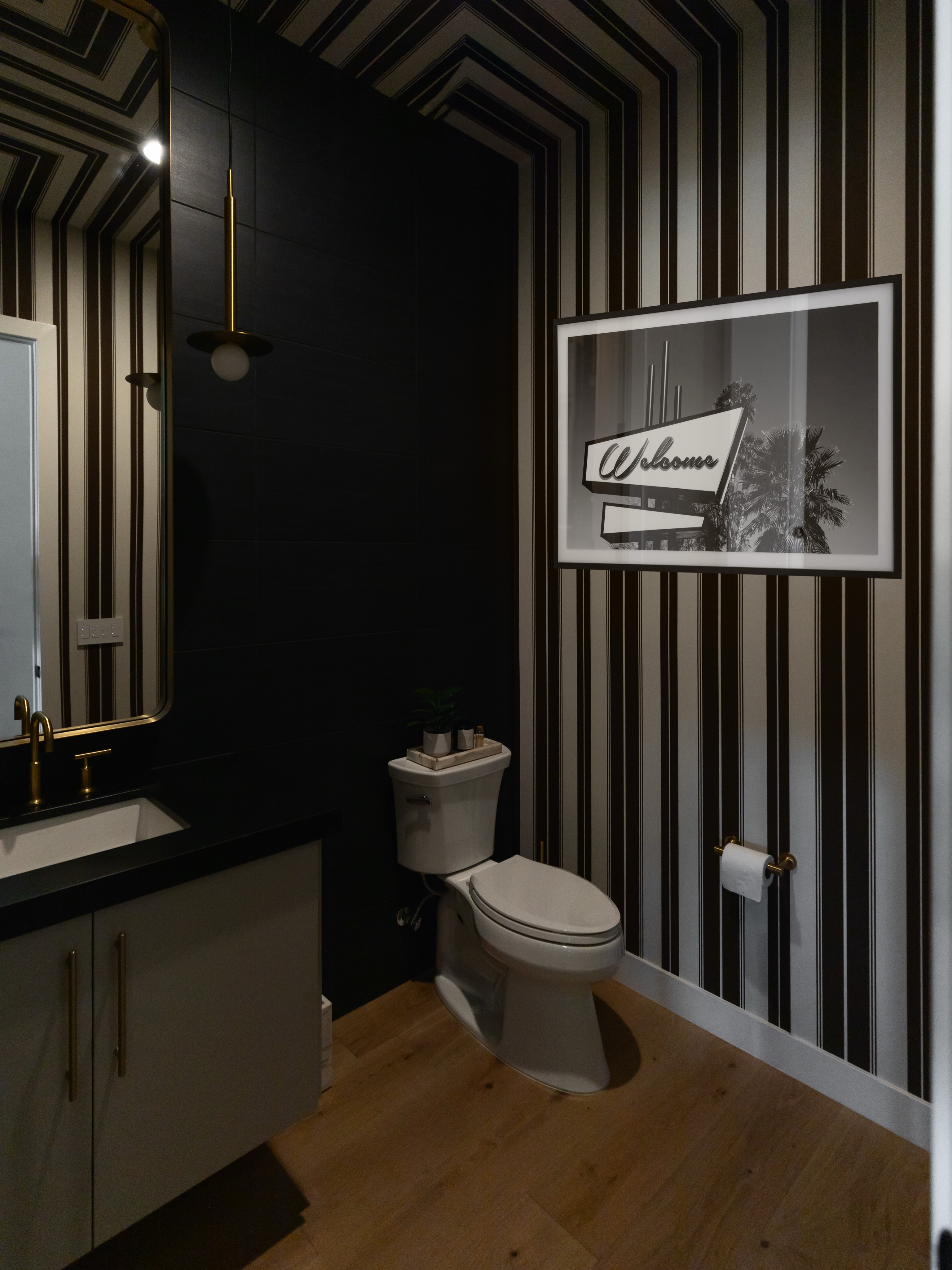 Small room + big personality. The bold stripes overhead and overall palette pretty much prove that the smallest spaces are often the most fun to design!
Stay tuned for even more bits and pieces of this project…
-
#BoldInteriors #ModernHomeStyle #DesignObsessed #StatementSpaces #CustomInteriors