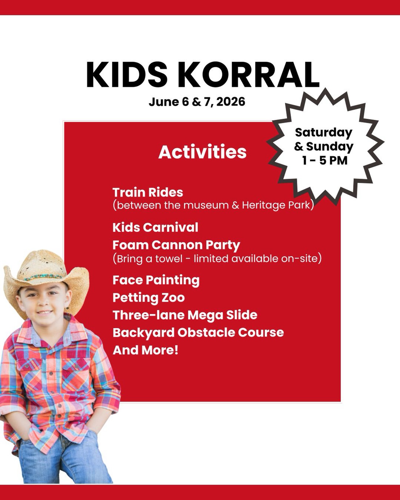 Farmers’ Days is almost here, Stony Plain!
Join the Kids Korral at the Parkland Pioneer Museum for family-friendly fun, smiles, and memorable moments all weekend long.
Saturday, June 6 and Sunday, June 7. See you there!