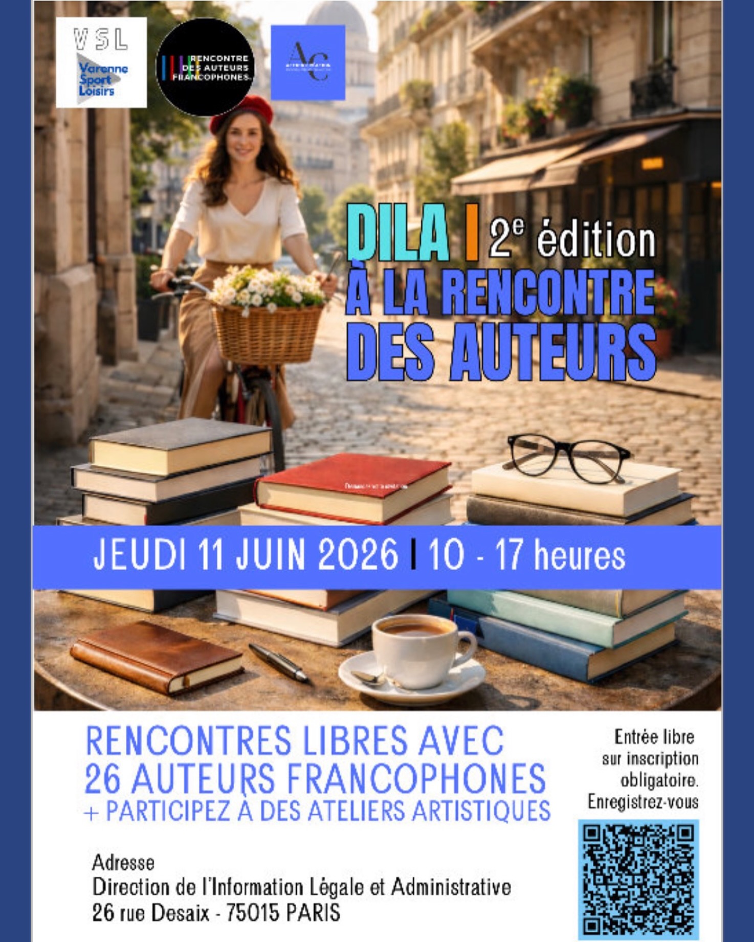 11 juin à Paris : Un événement littéraire dans un lieu inhabituel
nous avons le plaisir de vous inviter à la 2ᵉ édition de la Rencontre des Auteurs Francophones au sein de la DILA (Direction de l’information légale et administrative).
La DILA, c’est ce service du Premier ministre qui édite notamment toutes les publications officielles, dont le célèbre Journal Officiel que chacun connaît.
Dès l’entrée du bâtiment, vous découvrirez d’ailleurs l’une des premières machines ayant servi à son impression — un véritable témoin de notre histoire administrative.
Cet événement, initialement conçu pour les équipes travaillant au sein de ce lieu institutionnel, est exceptionnellement ouvert au grand public, sur inscription obligatoire.
Nous vous proposons une expérience passionnante :
– la rencontre avec 26 auteurs francophones venus de plusieurs pays du monde
– des échanges privilégiés autour de leurs ouvrages et de leurs parcours
– un moment de création avec un atelier d’aquarelle animé par l’artiste Sandra Encaoua Berrih, qui signe notamment les couvertures des livres hommages de notre maison d’édition
– et la découverte d’un lieu unique, habituellement fermé au public
C’est une occasion rare de croiser littérature, création artistique et patrimoine institutionnel dans un même temps fort.
N’hésitez pas à vous inscrire dès aujourd’hui en scannant le QR code présent sur l’affiche ou sur le lien dans l’infolettre du jour
https://rencontredesauteursfrancophones.com/so/20PvkXPLp?languageTag=fr&cid=9bd440b3-e017-4288-8d78-bde88014aca5
