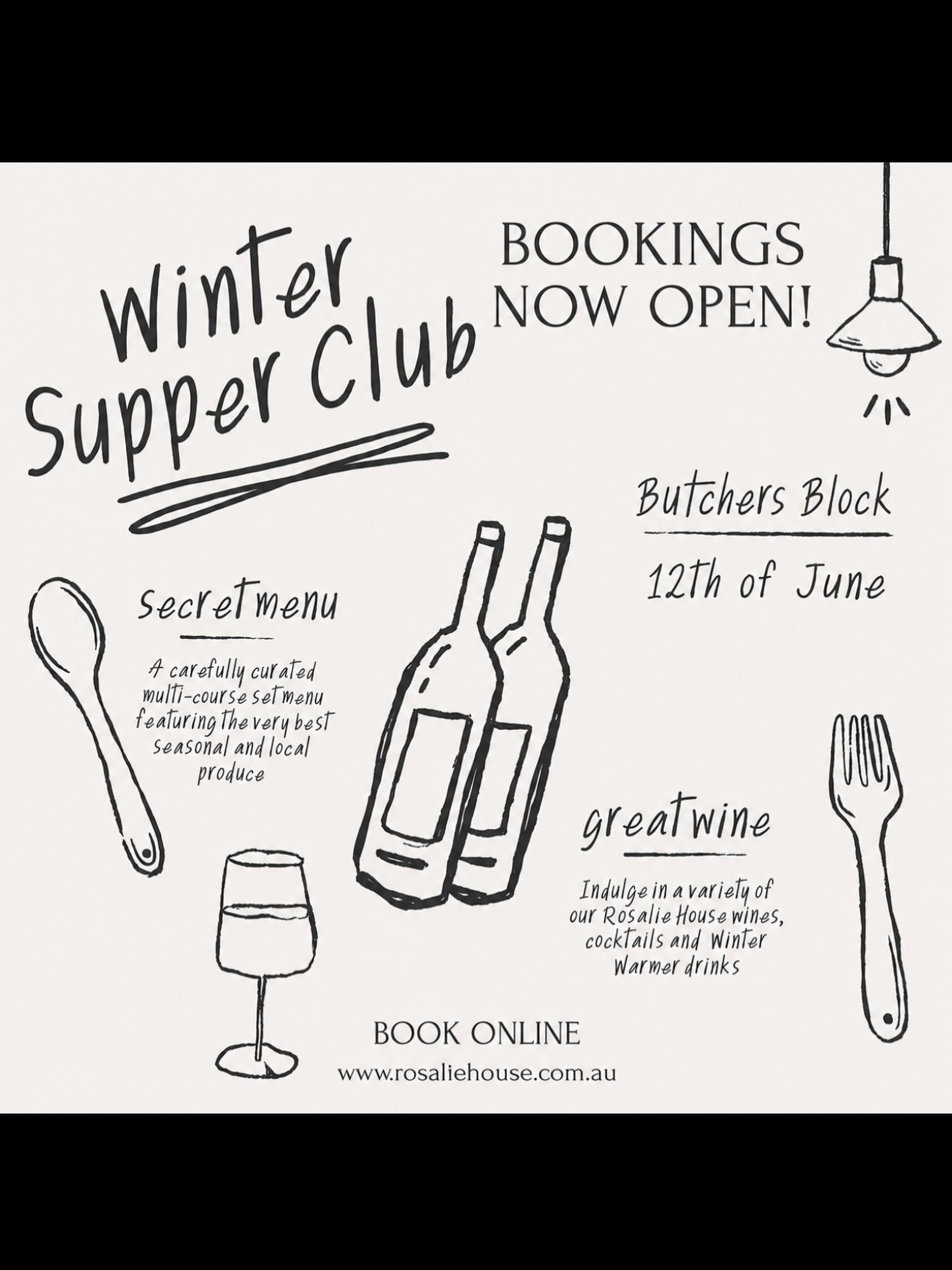 Bookings are now open for our winter series supper club!!!!
Bookings via our website. We sell out very quickly so jump onto the website and book your table!