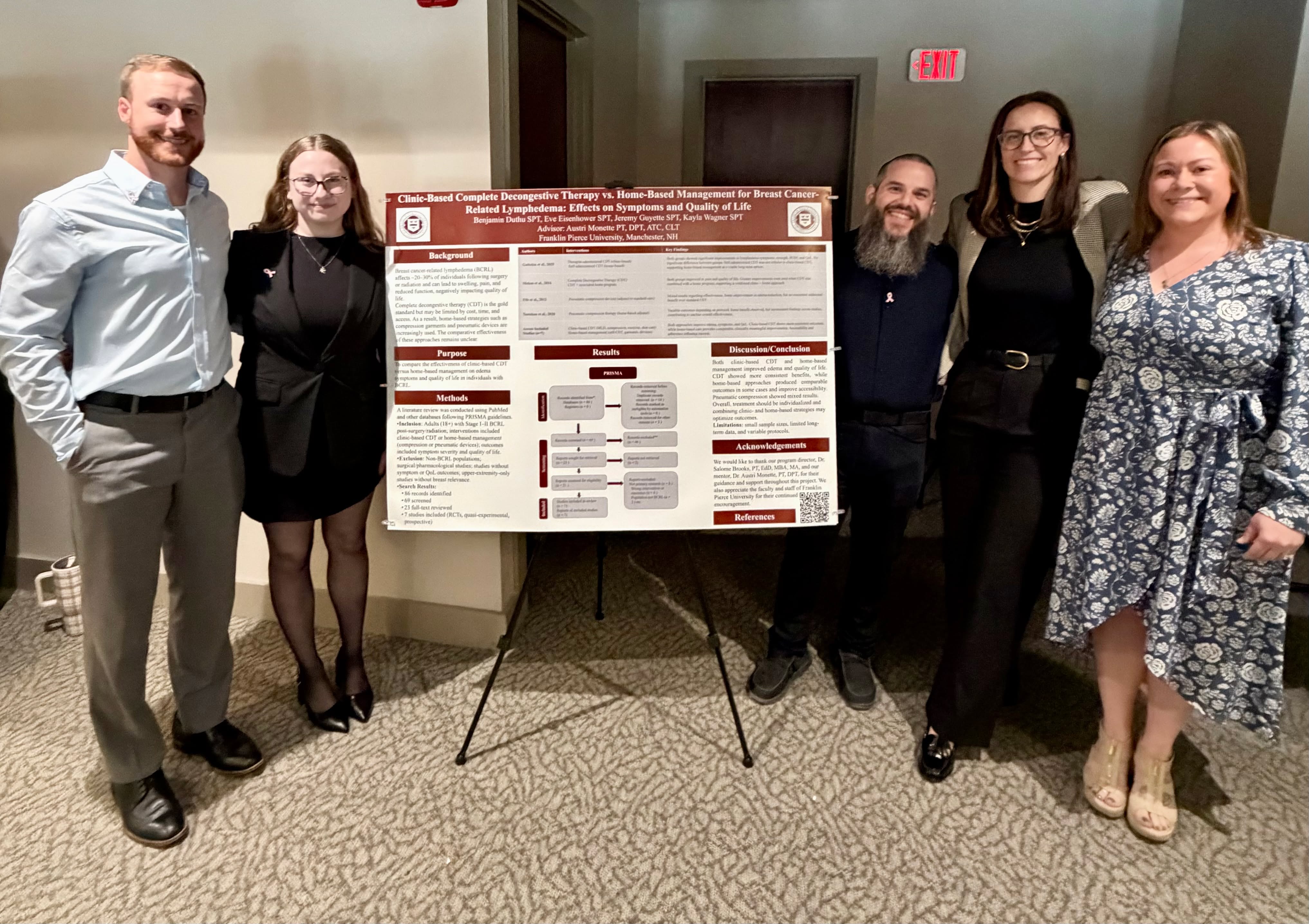 As some of you may know, Dr. Monette is an adjunct professor at Franklin Pierce University. Today, she had the pleasure of evaluating second-year DPT students’ capstone presentations.
Featured here are her mentees, who explored the impact of clinic-based complete decongestive therapy versus home-based management for breast cancer–related lymphedema on symptoms and quality of life.
Congratulations to this outstanding group on their thoughtful research and presentation! 🎉👏
#dpt #franklinpiercedpt #lymphedema #breastcancer #research