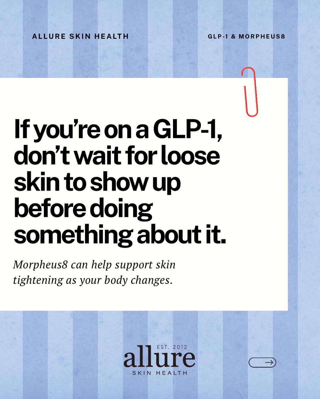 If you’re on a GLP-1, don’t wait until after the weight loss to start thinking about your skin. 👏🏼
As the body changes quickly, the skin can struggle to keep up. Starting treatments like Morpheus8 during your journey can help!
The goal isn’t just weight loss… it’s feeling confident in your results too. ✨
📲 Call or text 608.772.0069 to book!
Consultations are always free. 🤎
#allureskinhealth #glp1 #weightlossskintightening