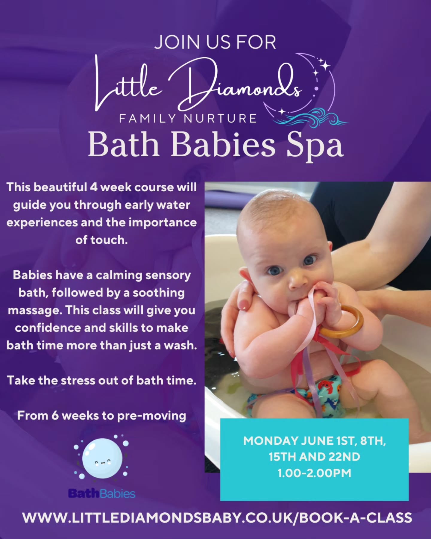 📣 LAST CHANCE TO BOOK for Monday's Bath Babies Spa 📣
Treat your babies to a sensory bath followed by a massage; this is a beautiful opportunity to slow down and really tune it to the babies' reactions and responses.
Over the four weeks we'll be looking at ways to create different gentle sensory experiences in the water, ways to hold and move them, and how to smoothly transition from the bath happily.
The baby massage will include a variety of strokes each week, including reflexology, soothing and settling, coping with tummy troubles and more.
These spaces don't usually stick around long, so snap it up quick if you'd like to join;
https://bookwhen.com/littlediamonds/e/ev-syk5-20251027130000
📅 Mondays June 1st, 8th, 15th and 22nd
⏰️ 1-2pm
📍 Little Diamonds, Crispin Hall, Street BA16 0EZ
💻 Littlediamondsbaby.co.uk
#babyclasses #nearme #bathbabies #babyspa #babymassage newparents Wells Somerset
