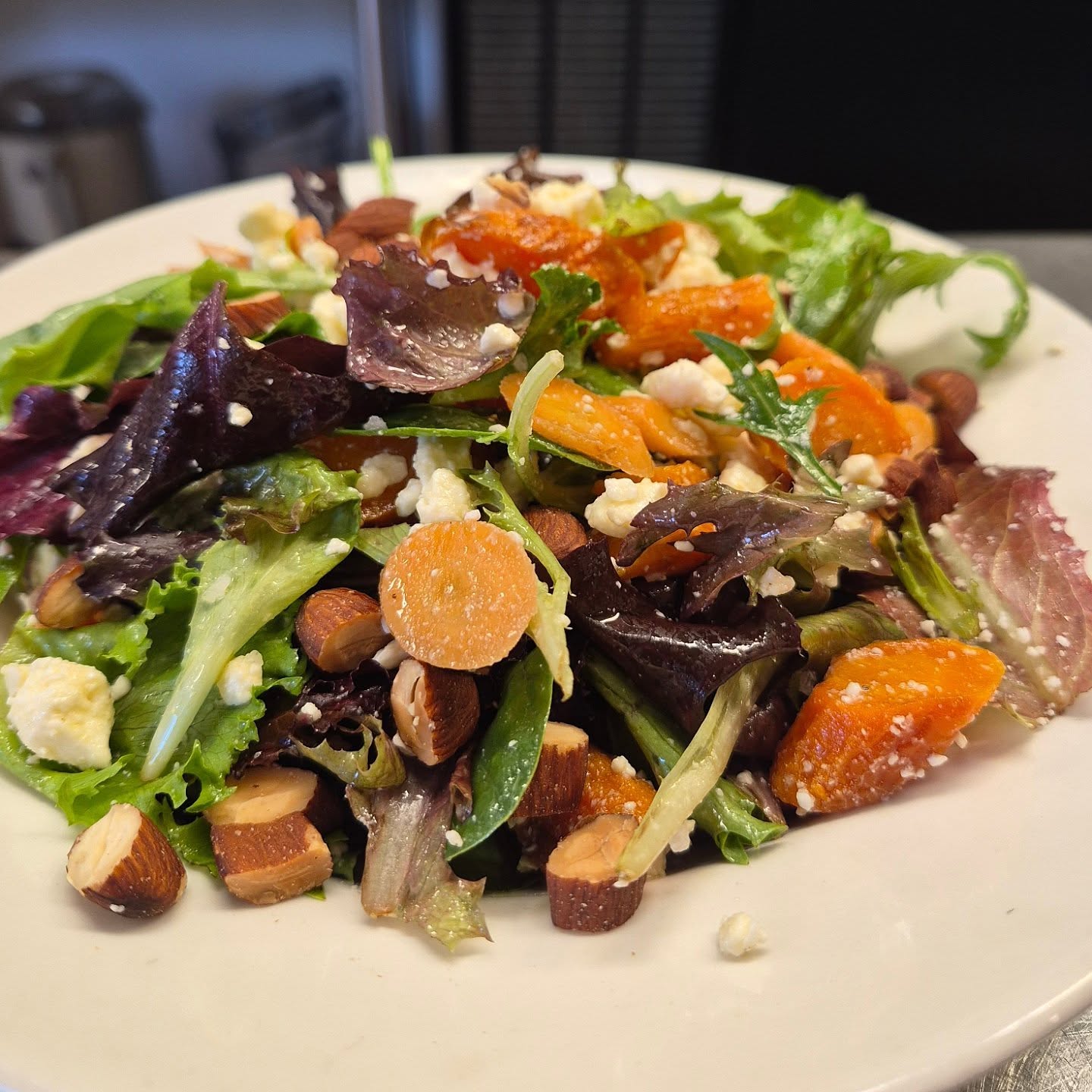 Chef Kyle loves carrots!! It's no secret!! We have a new roasted carrot salad that is pretty tasty. Roasted Nante carrots, house made pickled carrots, a carrot vinaigrette, smoked feta cheese, and almonds! Its perfect with our pan seared salmon!