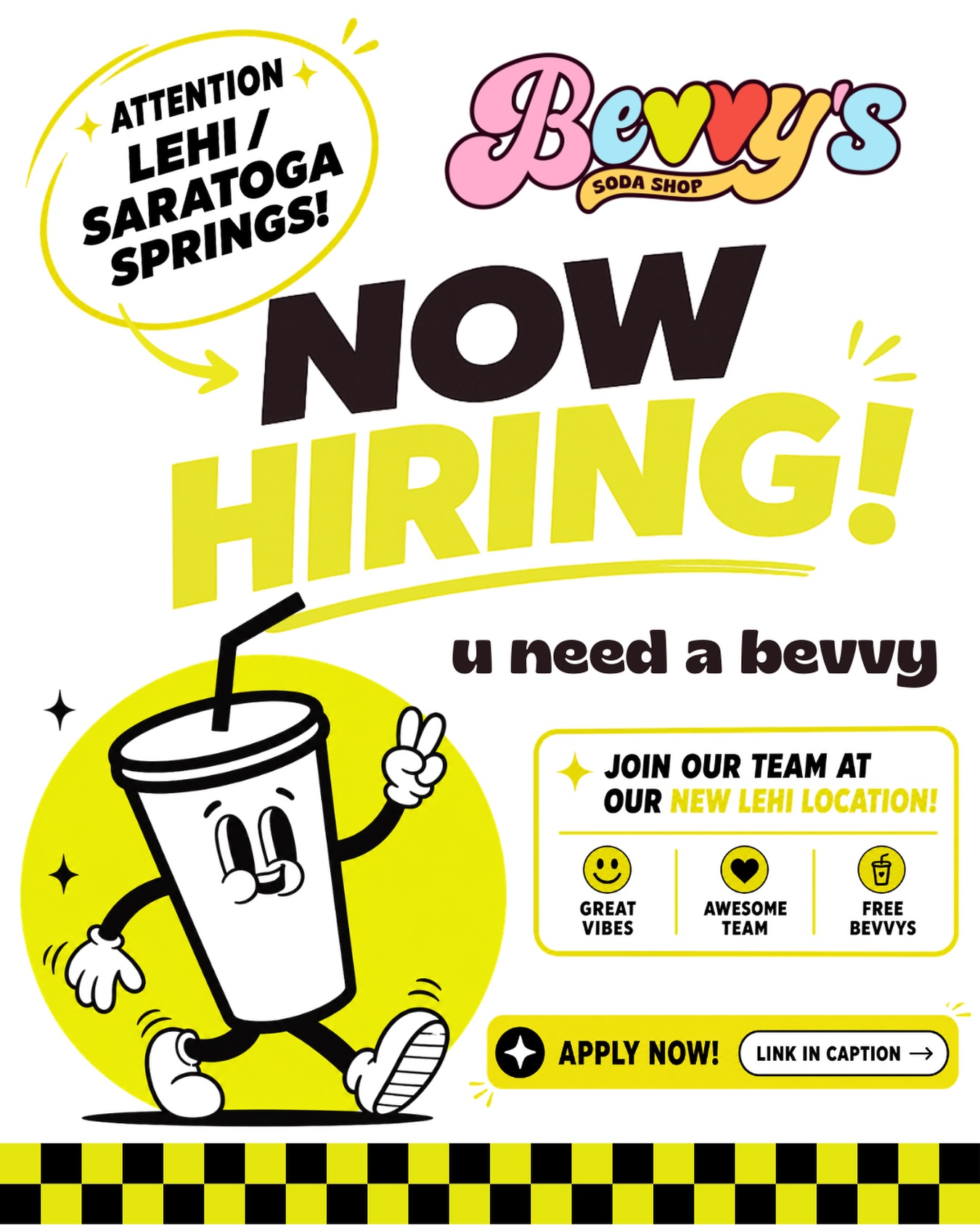 🚨 ATTENTION LEHI / SARATOGA SPRINGS 🚨
u need a bevvy ☻
Bevvy’s Soda Shop is hiring for our NEW Lehi location inside Conquer Padel Club!
We’re looking for fun, reliable people with good energy who love fast-paced environments, teamwork, and making people’s day a little better 🥤✨
Perks include:
☻ Free bevvys
☻ Great team vibes
☻ A super unique atmosphere
☻ Flexible scheduling
Now hiring for multiple positions!
Apply here ⬇️
https://forms.gle/t9eHWSsRiCxYowYR9