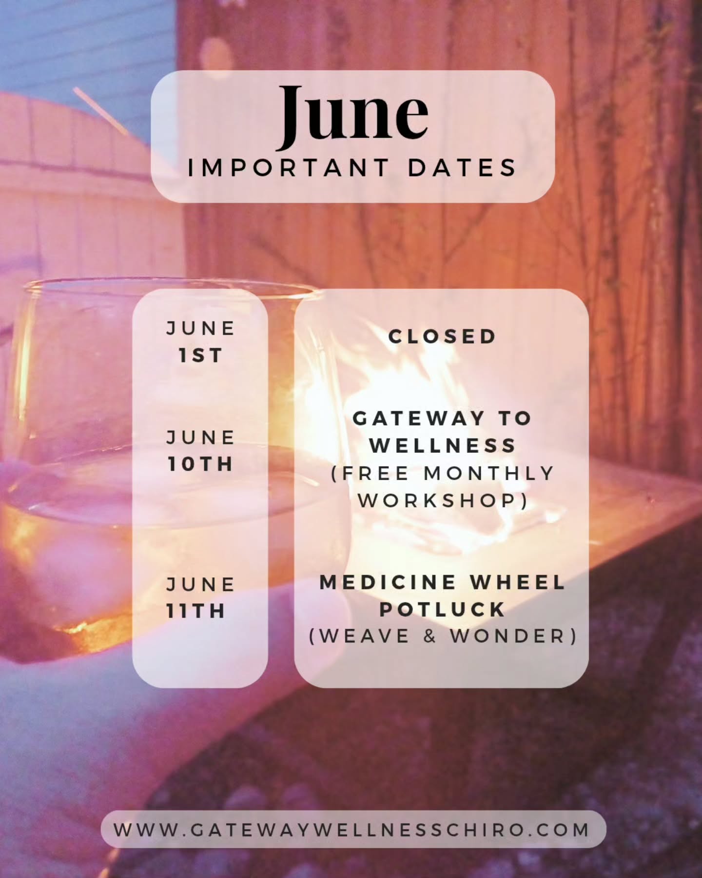 We are closed this Monday, June 1st, 2026.
Open Tues, Wed & Thurs
8:30am - noon & 3pm - 6pm
Book your appointment this week by contacting Julie at (403)217-5577 or gatewaywellness@telus.net or online www.gatewaywellnesschiro.com