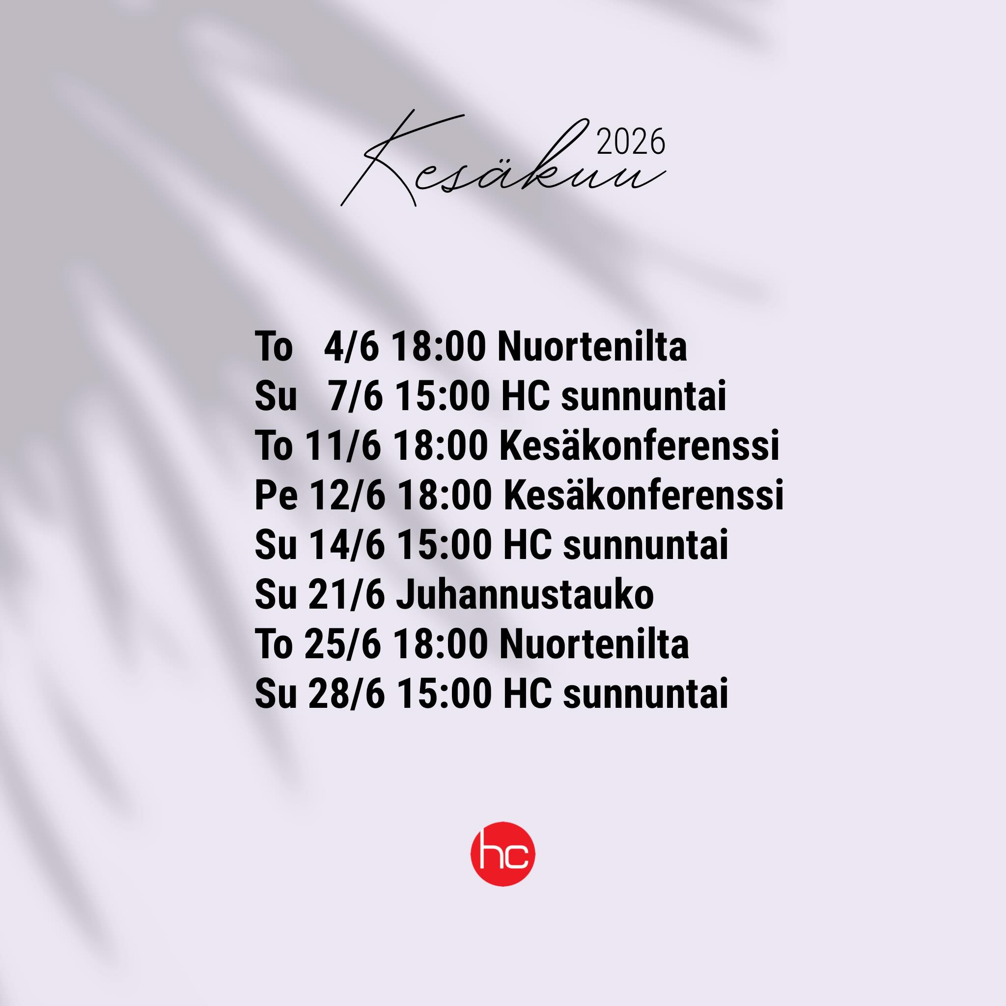 Kesäkuu | June
Lapsille on omaa ohjelmaa (Kuninkaallinen koulutus) sunnuntaisin saarnan aikana. Alle 4-vuotiaat voivat osallistua huoltajan kanssa.
Nuorten oma IG: @harvestingyouth