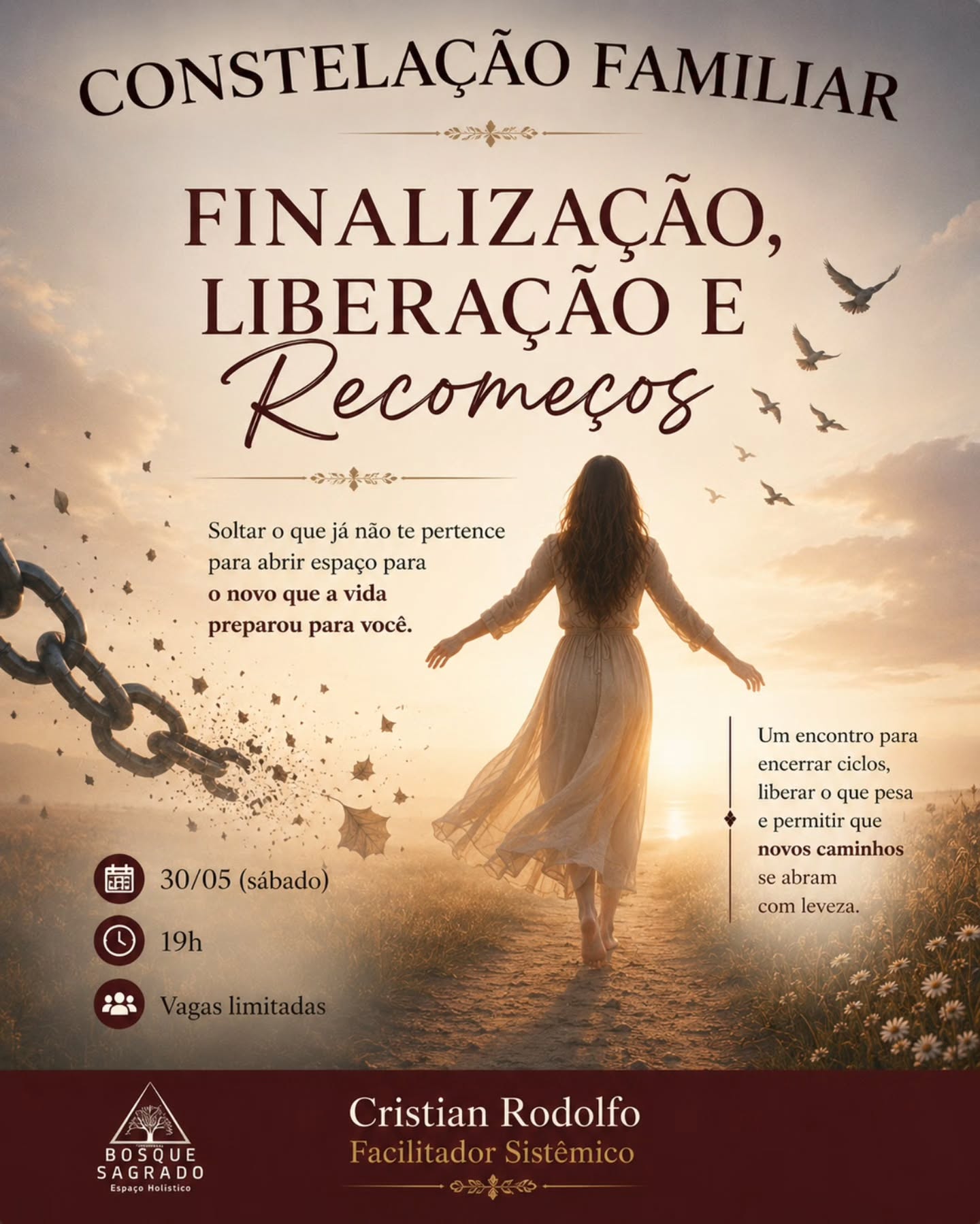 ✨️ CONSTELAÇÃO FAMILIAR EM GRUPO
FINALIZAÇÃO, LIBERAÇÃO E RECOMEÇOS
Quantas coisas já terminaram…
mas continuam vivendo dentro de você?
Às vezes, seguimos carregando dores, vínculos, histórias e pesos que já deveriam ter sido encerrados.
E enquanto não soltamos, o novo não encontra espaço para chegar.
Este encontro é um convite para:
🌀 encerrar ciclos
🌀 liberar o que pesa
🌀 devolver o que não pertence mais a você
🌀 abrir espaço para novos caminhos e recomeços
✨ Soltar também é um ato de amor.
E recomeçar exige coragem para deixar para trás aquilo que já não sustenta mais a sua vida.
📅 30/05 (sábado)
⏰ 19h
🎟️ Vagas limitadas
Se sentir o chamado para esse movimento, me chama no direct ou WhatsApp 💬
#constelacaofamiliar
#constelaçãofamiliarsistêmica
#constelaçãofamiliaremgrupo
#constelacaoemgrupo
#constelacaosistemica