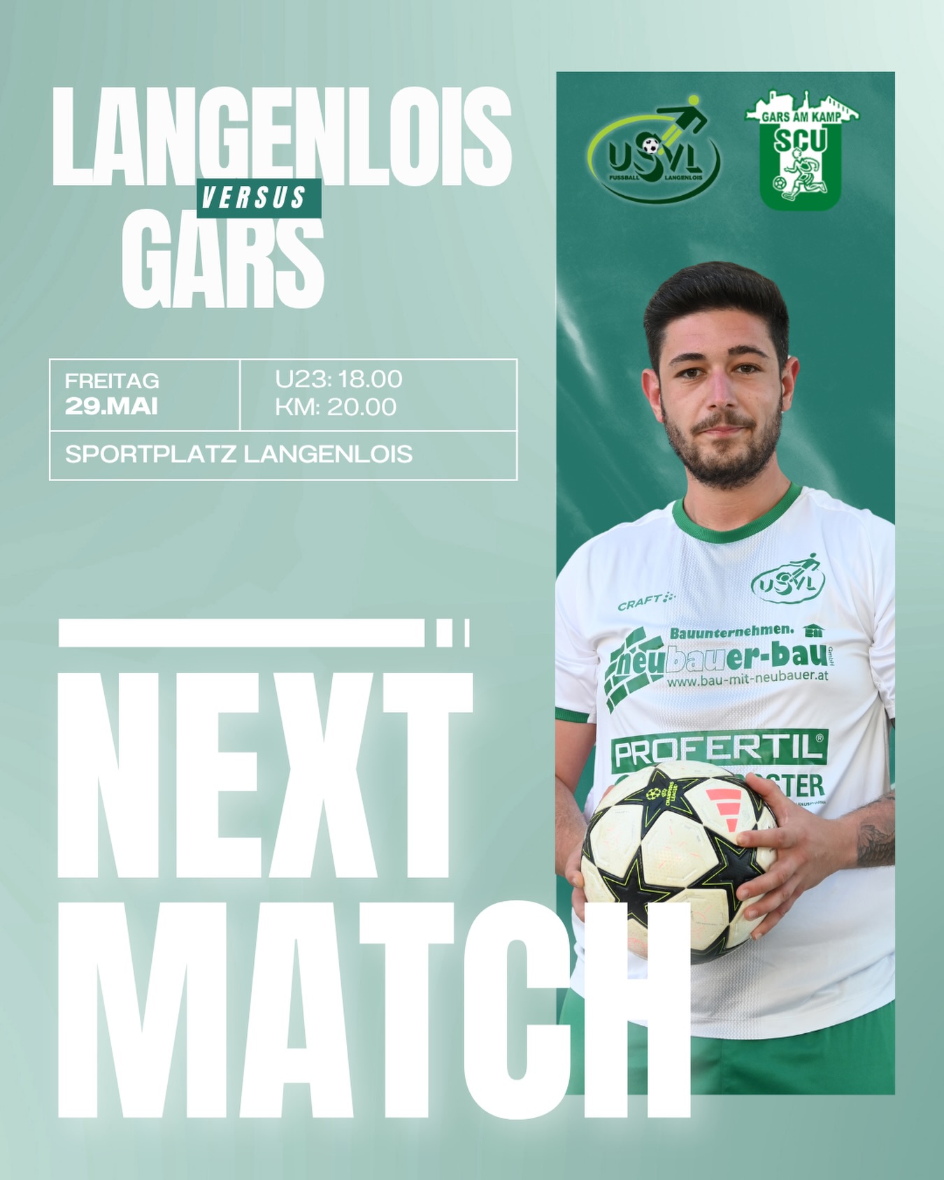 KAMPTALDERBY! 💚🔥
Diesen Freitag wartet das nächste Derby auf unsere Jungs – wir empfangen den SCU Gars am Kamp in Langenlois! 😮💨
Mit Gars kommt aktuell das beste Rückrundenteam der Liga zu uns. Die Gäste reisen mit breiter Brust an – aber auch wir sind seit sieben Spielen ungeschlagen und wollen genau diese Serie weiter ausbauen. 💪🏼
Aus den letzten beiden Partien konnten wir leider nicht die volle Punkteausbeute mitnehmen. Umso heißer sind wir jetzt darauf, zuhause wieder voll anzuschreiben und die drei Punkte in Langenlois zu behalten! 🟢⚪️
Es wartet ein intensives Derby mit viel Emotion und Kampfgeist – genau solche Spiele lieben wir. Kommt vorbei und unterstützt unsere Jungs lautstark! 💚
🗓️ Freitag, 29.05.2026
🕕 U23: 18:00 Uhr
🕗 KM: 20:00 Uhr
📍 Sportplatz Langenlois
#forzausvl #kamptalderby #derby #heimspiel #langenlois