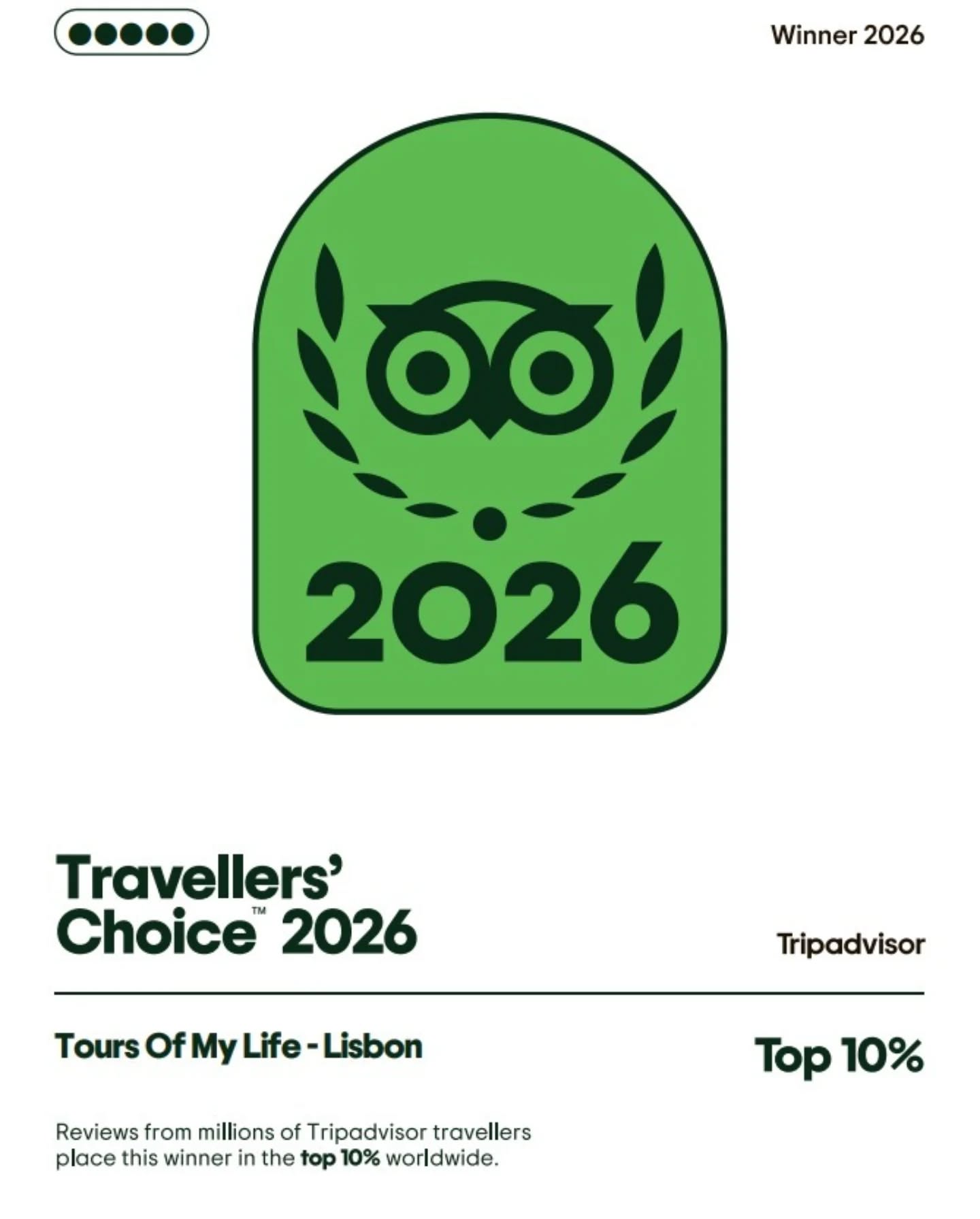 We are proud to announce that, once again, for the 5th consecutive Year, "Tours Of My Life" has been recognized with the "Travelers’ Choice Award" by Tripadvisor! 🏅🙏
Thank you to all the travellers worldwide, for taking the time to share your experiences with "Tours Of My Life" in thousands of reviews and ratings and for supporting our journey. We strive every day to earn every 5 star rating!
To be in the Top 3 (since 2022) of a list with more than 2,500 Tours & Activities in Lisbon listed on TripAdvisor, is something we never take for granted, but motivate us to keep raising the bar and creating unforgettable experiences for everyone who choses our team to discover Lisbon.
Here’s to many more walking tours celebrating our wonderfull city! ✌️🎉
#TravelersChoice #TripAdvisor #Lisbon #ToursAndActivities #VisitLisbon
