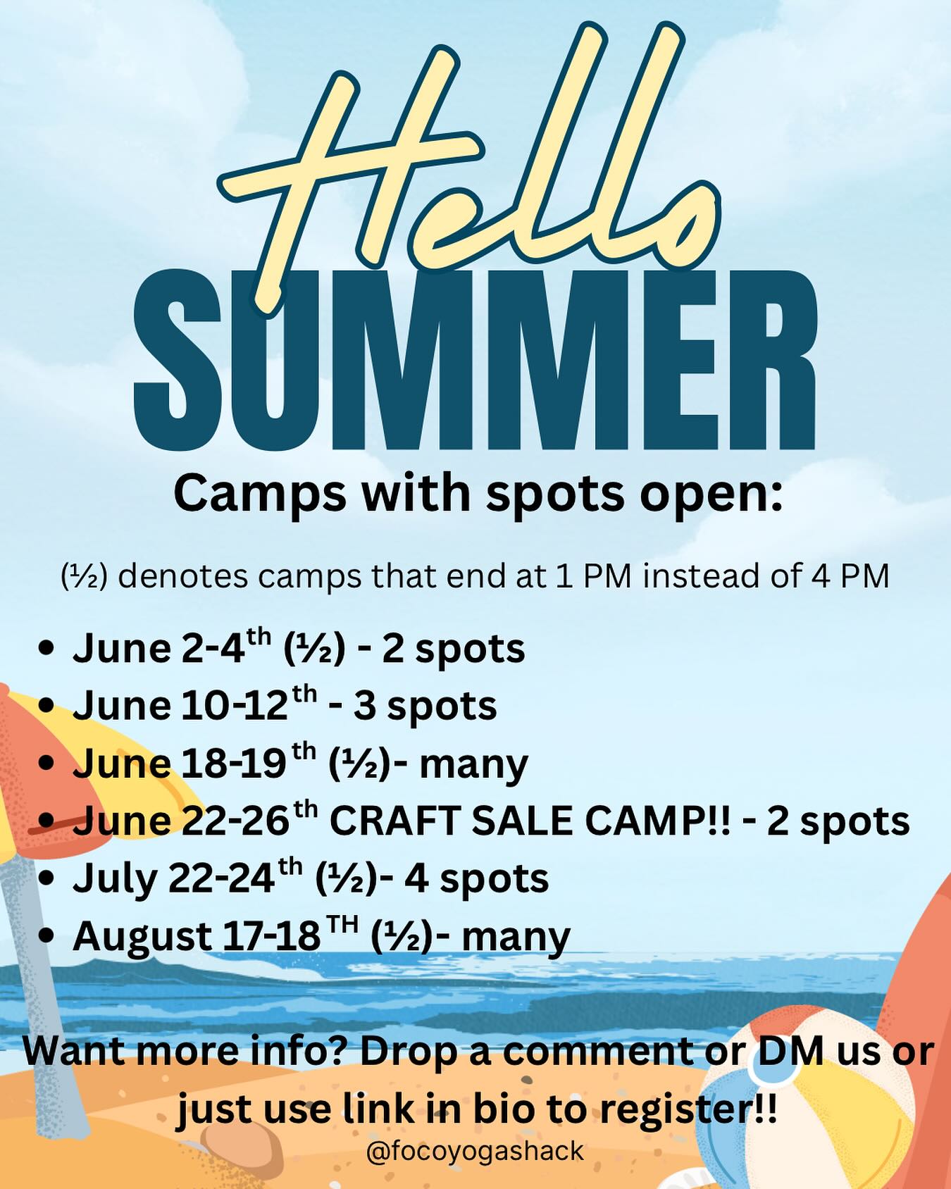 We have TWO spots in our June Craft Market camp that just opened up!! (This camp sold out in January!!) And a few spots in some other camps too. Check out the dates above or just swing by our website!