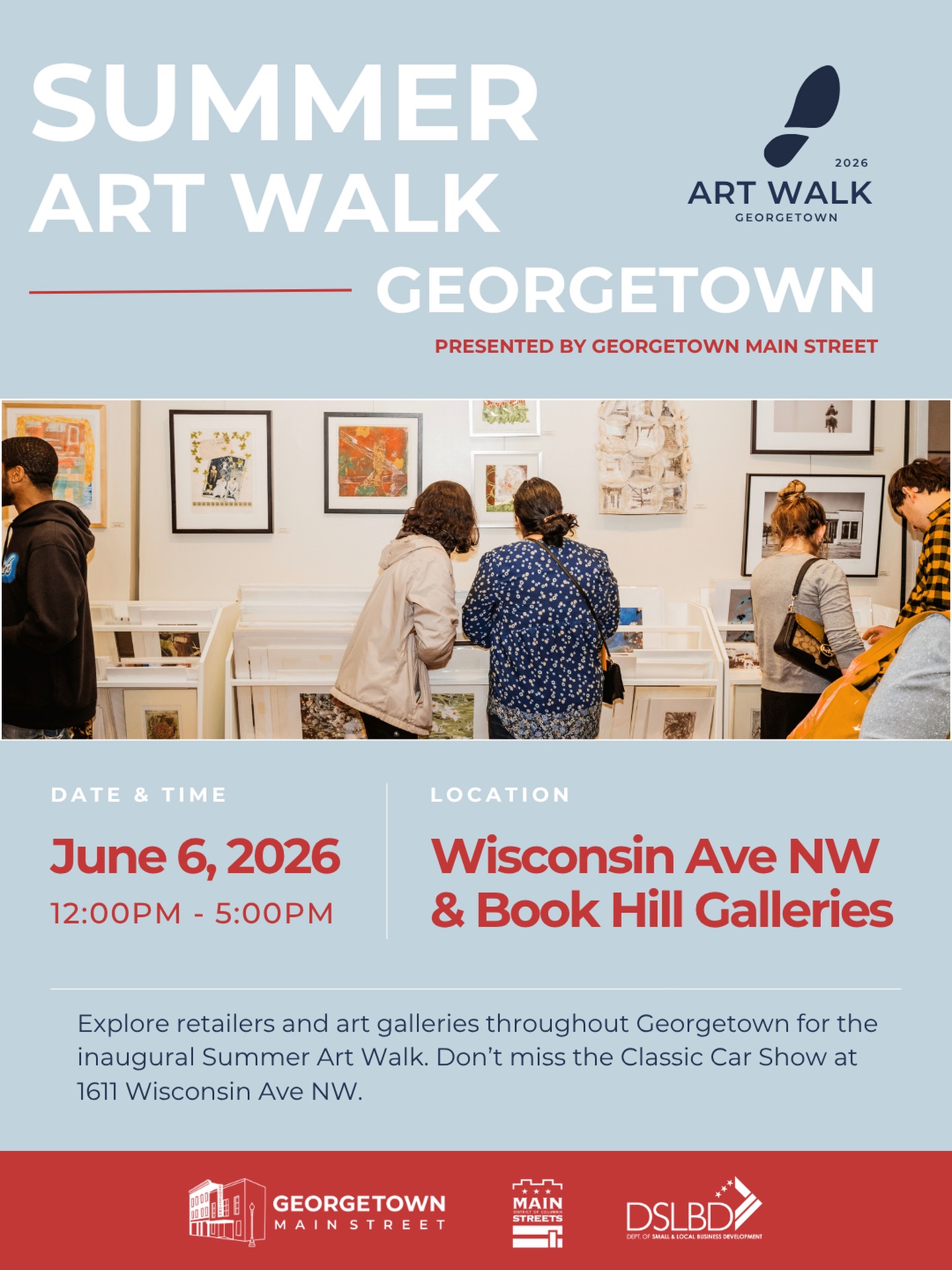 Next Saturday looks like a great day to launch our inaugural summer art walk. Visit local galleries, chat with artists, and explore a classic car show in the former TD Bank parking lot at 1611 Wisconsin Avenue.
See you next Saturday!