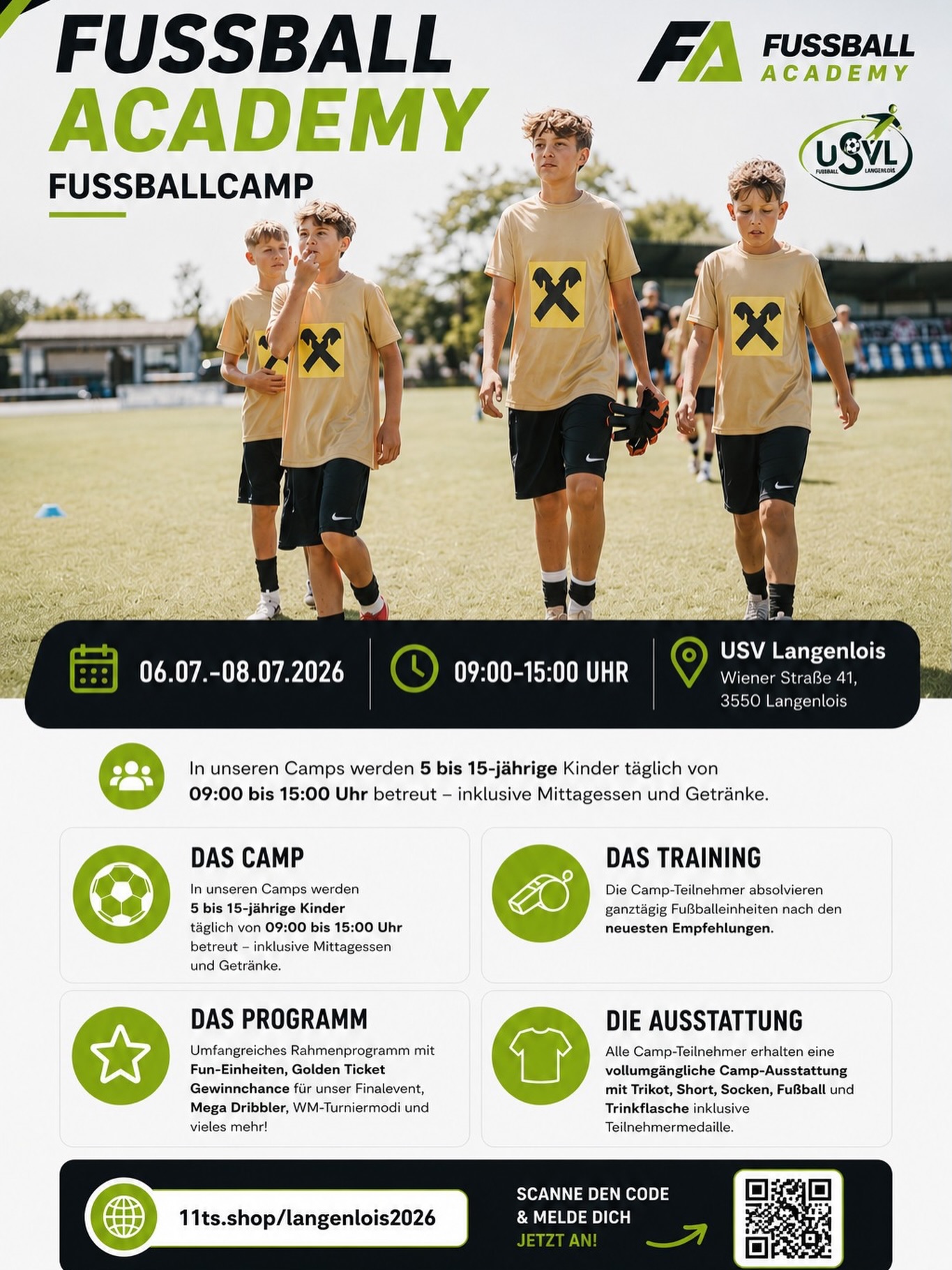 ⚽️ FUSSBALL ACADEMY CAMP 2026 ⚽️
Auch im Sommer 2026 macht die Fußball Academy wieder Station in Langenlois! 🔥
Von 06. bis 08. Juli erwartet alle fußballbegeisterten Kinder und Jugendlichen zwischen 5 und 15 Jahren ein abwechslungsreiches Camp mit professionellen Trainingseinheiten, spannenden Wettbewerben und jeder Menge Spaß am Fußball.
📅 06.07. – 08.07.2026
⏰ 09:00 – 15:00 Uhr
📍 Sportplatz Langenlois
Das erwartet euch:
✅ Tägliche Betreuung inkl. Mittagessen & Getränke
✅ Professionelles Training nach modernsten Methoden
✅ Cooles Rahmenprogramm mit Turnieren & Challenges
✅ Vollständige Camp-Ausstattung inklusive Trikot, Shorts, Stutzen, Fußball, Trinkflasche & Medaille
Die Plätze sind begrenzt – also schnell anmelden! 👇
🔗 Anmeldung:
https://www.fussball-academy.at/camps/#!/e/b1904ef47280aad575317a00abed08d4
#forzausvl #langenlois #fußballcamp #nachwuchs loiserjungs