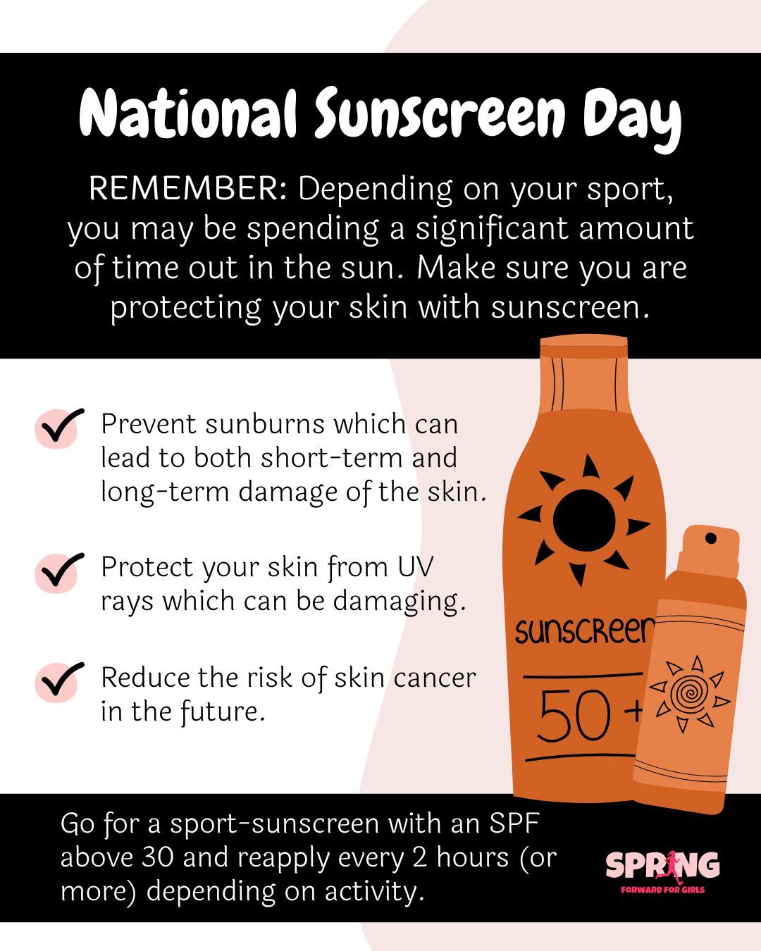 Today is #NationalSunscreenDay. Certain athletes, particularly those in outdoor sports, can get a significant amount of sun exposure. It is important to protect your skin from the sun with sunscreen - ensuring you reapply frequently. Sunscreen can help to prevent sunburns and ultimately long-term skin damage which can increase risk of skin cancer.
#skin #sunscreen