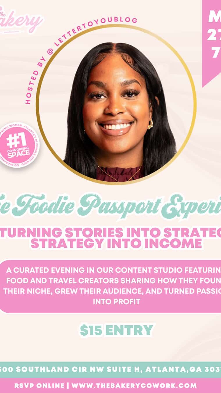 If youāre looking to get into food & travel content creation & influencing , Join me for the Foodie Passport Experience at The Bakery here tomorrow May 27th! š
Come ready to connect, learn, create, and leave inspired - Hope to see you there š©·
#atlantafoodie #atlantaevent #travelinfluencer #foodinfluencer #travelfoodies