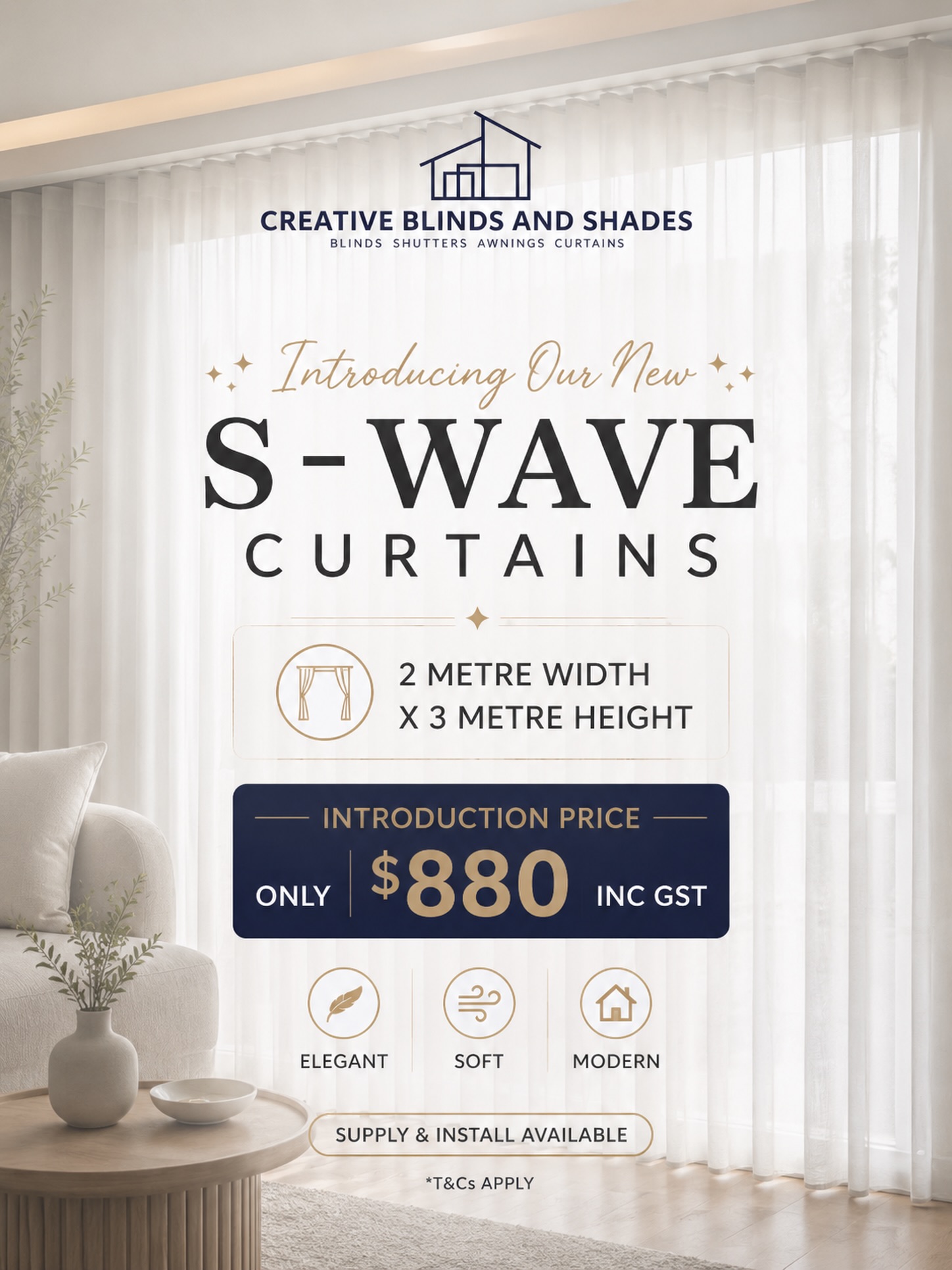 ✨ NEW TO OUR RANGE ✨
Introducing our elegant S-Wave Curtains — bringing softness, style & luxury into modern homes.
🪟 2m Width × 3m Height
💲 Introductory Price — Only $880 Inc GST*
Perfect for living rooms, sliding doors & modern interiors.
✅ Premium modern finish
✅ Soft flowing designer look
✅ Supply & professional installation available
✅ Custom options available
📍 Servicing Perth Metro Area
📞 Call us today: 9581 9911
💬 WhatsApp: +61 438 039 698
*T&Cs Apply