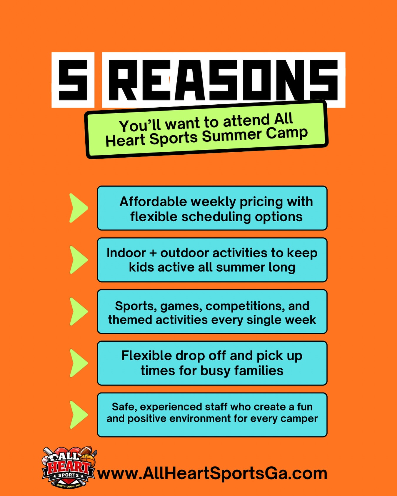 5 reasons All Heart Sports Camp is a summer MUST โ๏ธ๐โฝ๏ธ
From weekly themed activities and water days to sports, games, and nonstop fun โ we keep kids active, engaged, and making memories all summer long ๐
โ๏ธ Flexible scheduling
โ๏ธ Full day camp options
โ๏ธ Indoor + outdoor activities
โ๏ธ Positive, experienced staff
โ๏ธ Fun your kids will actually look forward to
๐Marietta, GA
๐ www.AllHeartSportsGa.com
#MariettaCamp #SummerCampFun #AllHeartSports #KidsSummerCamp #mariettaga