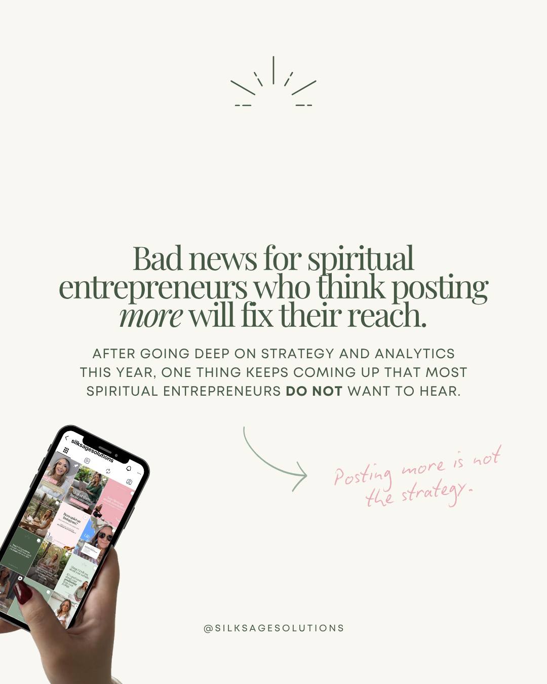 After going deep on strategy and analytics this year, I keep seeing the same thing with spiritual entrepreneurs, and I say this with love, a clean aura, and an overpriced matcha.
Posting more is not going to magically fix your reach.
Annoying? Yes. Rude? A little. True? Absolutely.
Because the internet has convinced everyone the answer is always more. Create more, post more, show up more, say more, be more visible, be more consistent, be on every platform, start a podcast, film your breakfast, document your healing journey (maybe I am guilty of this too), reply to every comment, batch 72 reels under the full moon.
Girl. No wonder your nervous system is looking at your content calendar like it owes her money.
More content without a clear purpose is not strategy. It’s just noise wearing a cute Canva template.
Every post needs a job. Some posts help new people find you. Some build connection. Some deepen trust. Some shift a belief. Some make your offer feel like the obvious next step.
But when every post is trying to do everything at once, your audience doesn’t know what to do with it. They might like it. They might save it. They might feel the vibe. But if they don’t understand the point, they’re not moving any closer.
That’s where so many soulful businesses lose momentum online. Not because the work isn’t powerful, the energy isn’t there, or Mercury is personally sabotaging your reach.
It’s because the content hasn’t been given a clear role.
Your online presence deserves more than “post and hope.” It deserves intention, structure, energy and direction.
Because strategy doesn’t strip the soul out of your content. It gives your soul-led work somewhere to land.
#instagramstrategy #spiritualentrepreneur #socialmediamanager