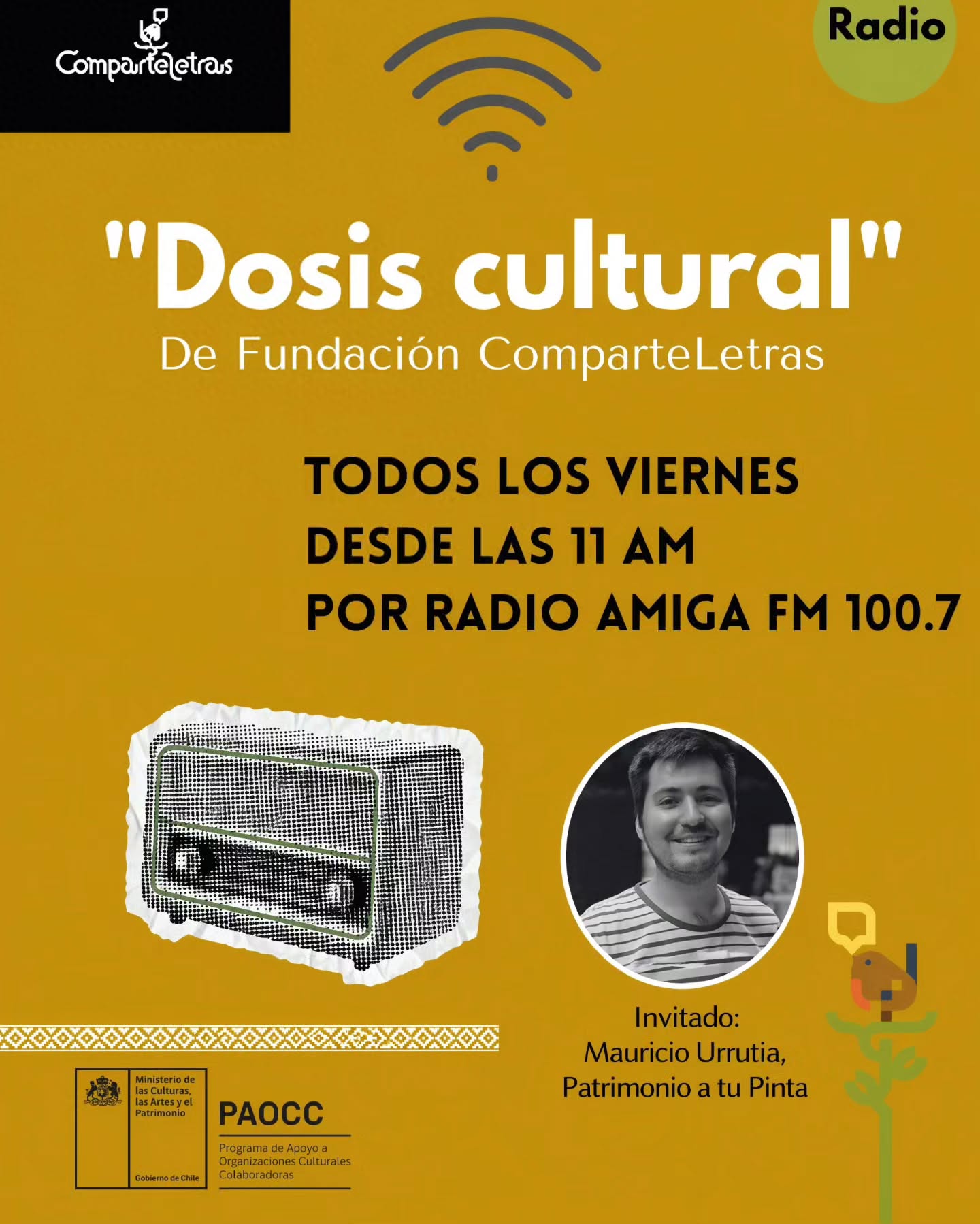 Viernes de Dosis Cultural por Radio Amiga 100.7 FM a partir de las 11:00 junto a Mauricio Urrutia de @windoors_cl con motivo del lanzamiento de Patrimonio a tu Pinta Vol. 3-Calbuco qué se realizará a las 18 hrs en la Biblioteca Pública de Calbuco.
