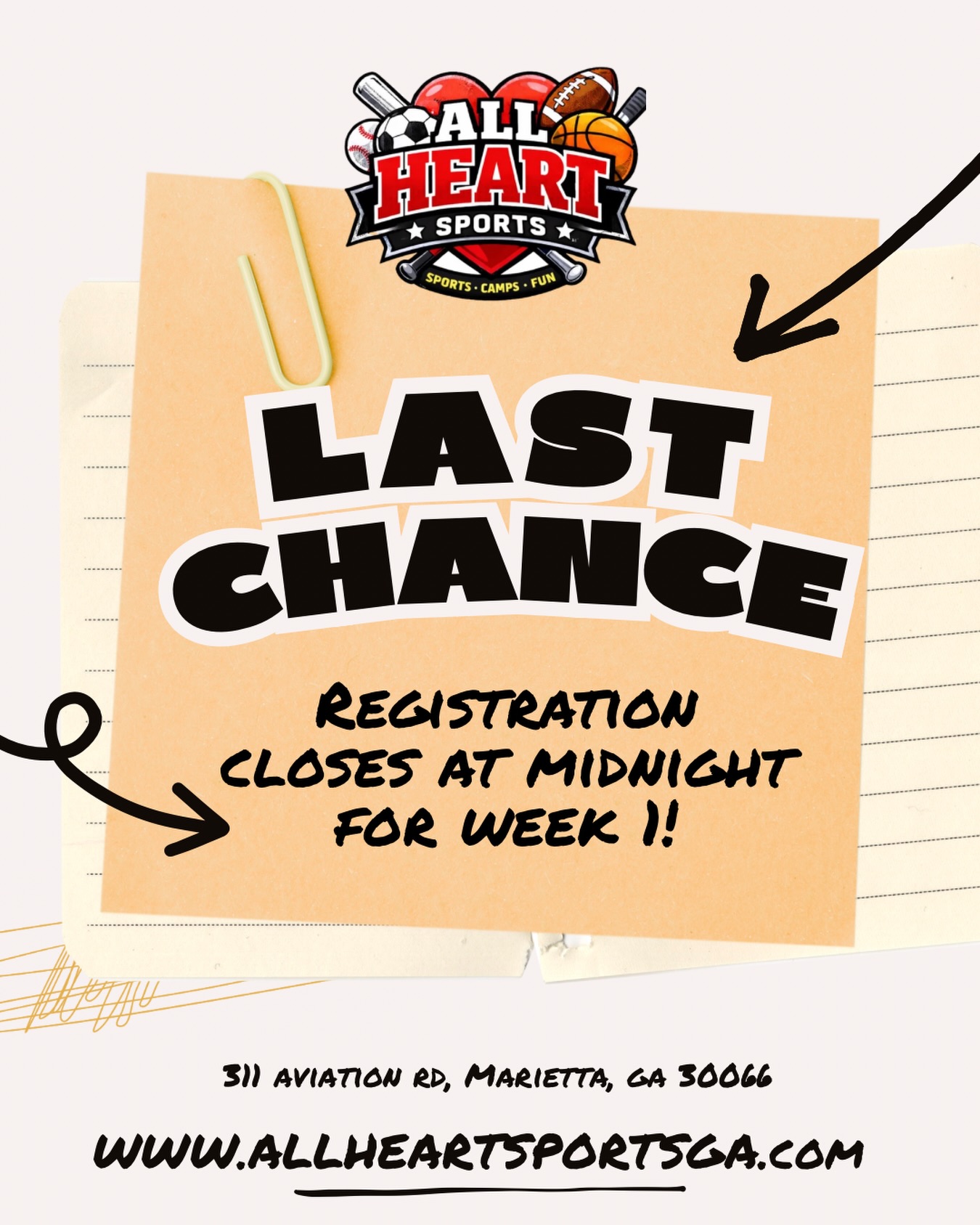 โฐ LAST CHANCE! โฐ
Week 1 of All Heart Sports Camp starts Monday, and registration closes TONIGHT at midnight! ๐โฝ๐
Donโt miss out on a summer filled with sports, games, new friends, team challenges, water days, and nonstop fun. โ๏ธ๐
๐ Marietta Center for Advanced Academics
311 Aviation Rd, Marietta, GA 30066
๐โโ๏ธ Limited spots remaining!
Register now before itโs too late:
www.allheartsportsga.com
#AllHeartSports #SummerCamp #MariettaGA #SportsCamp #MariettaMoms
