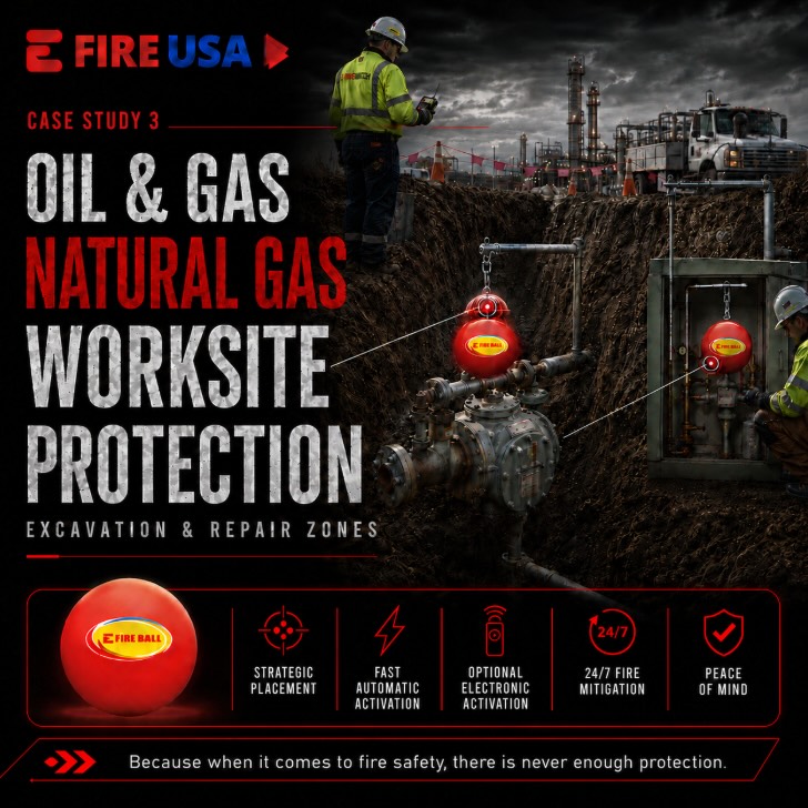 Case Study 3: Oil & Gas
Natural gas excavation and repair zones can create serious fire risks for workers in the field.
For this use case, E Fire Balls were positioned above exposed meter / pipe work and field boxes to provide an added layer of fire protection alongside Firewatch personnel and existing safety protocols.
Fast activation. Strategic placement. Added peace of mind.
Because when it comes to fire safety, there is never enough protection.
#EFireUSA #OilAndGas #NaturalGas #FireSafety #workersafety