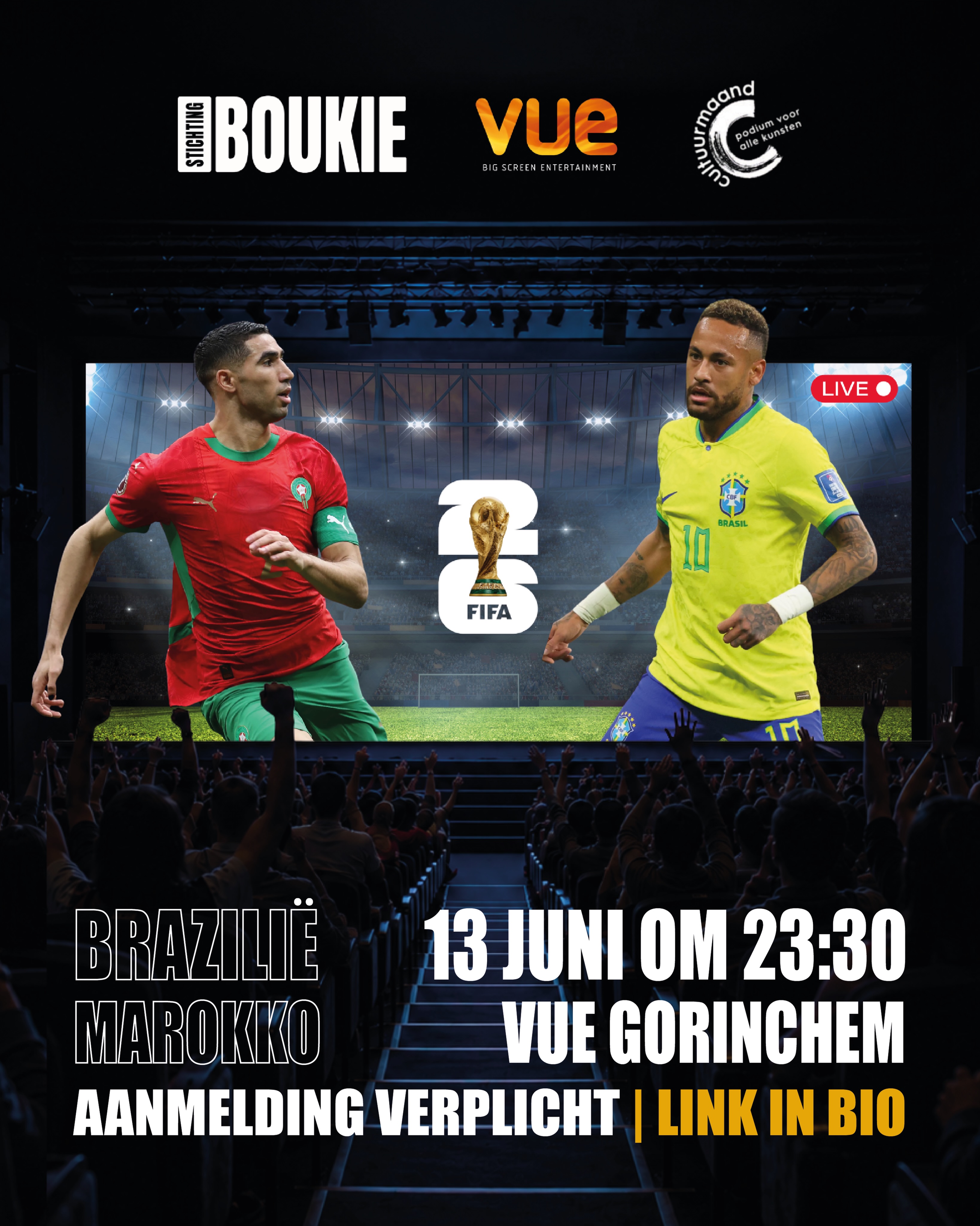 🎬🇲🇦 Beleef het Marokkaanse elftal op het grootste scherm van Gorinchem!
Op zaterdag 13 juni om 23:30 brengt Stichting Boukie een unieke voetbalervaring naar @vuegorinchem. Samen kijken we de wedstrijd van het Marokkaanse elftal op het grootste bioscoopscherm van de stad. Voel de spanning, proef de sfeer en beleef het voetbal alsof je er zelf bij bent!
⚽ Voorafgaand aan de wedstrijd wordt een exclusieve commercial vertoond, volledig in het teken van voetbal. Deze video is gemaakt door de oudere jongeren van Stichting Boukie en laat zien wat er mogelijk is wanneer talent, creativiteit en passie samenkomen.
🇲🇦 Supporter van Marokko?
🇧🇷 Supporter van Brazilië?
Iedereen is welkom!
✅ Gratis toegang
🍴 Inclusief lekkere hapjes
❤️ Een vrijwillige bijdrage voor de hapjes en versieringen wordt gewaardeerd
⚠️ Er zijn slechts 198 plaatsen beschikbaar. Vol = vol!
📲 Reserveer snel jouw plek via de link in onze bio en mis deze bijzondere voetbalavond niet.
#StichtingBoukie #Wk2026 #Worldcup2026 #bioscoop #Gorinchem