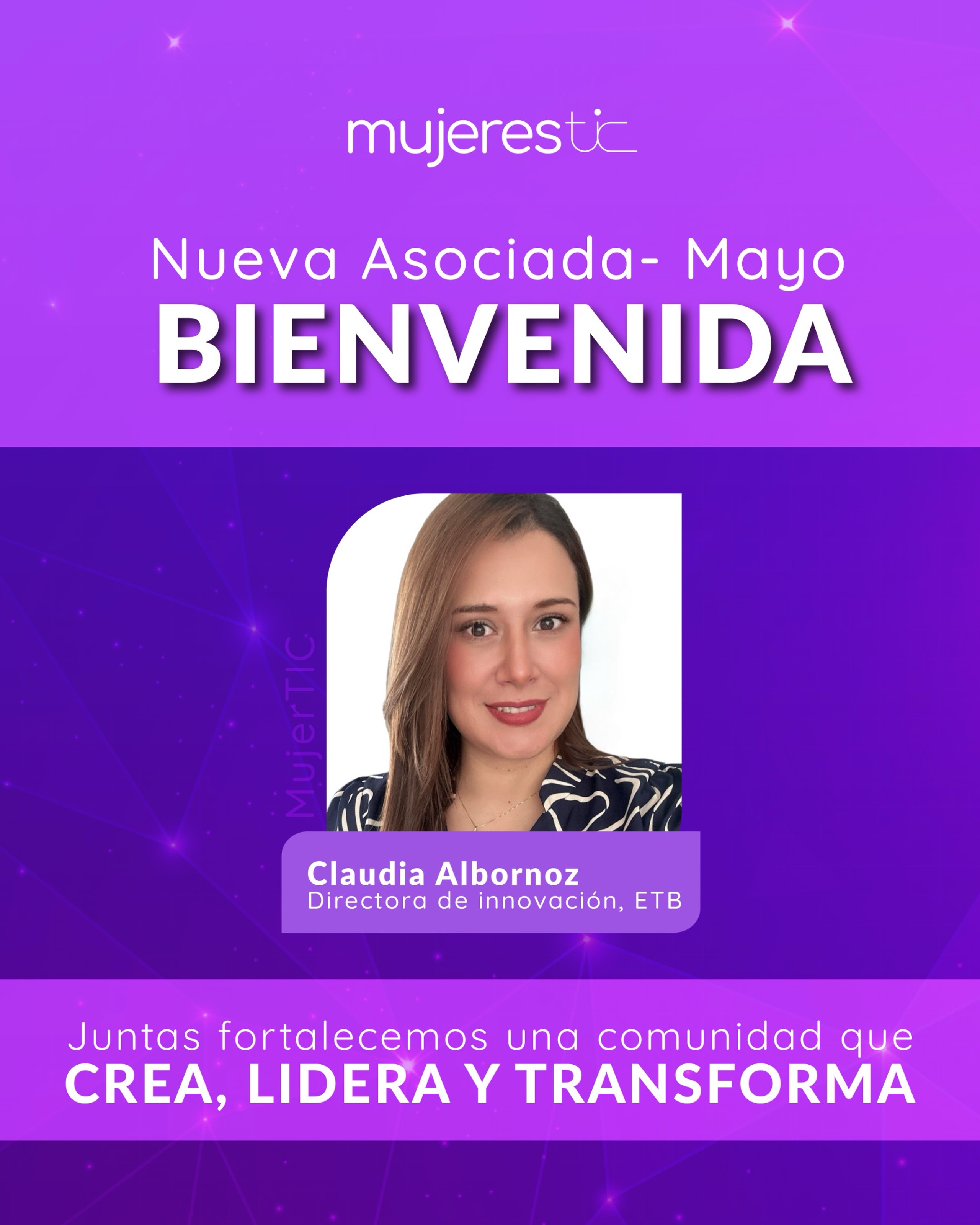 ✨ ¡Le damos la bienvenida a una nueva voz que se suma a nuestra comunidad! ✨
Nos alegra recibir a Claudia Albornoz, Directora de Innovación de ETB, como nueva asociada de Mujeres TIC.
Su experiencia, liderazgo y visión para impulsar la innovación y la transformación digital fortalecerán nuestra red de mujeres que crean, lideran y transforman el futuro del sector.
💜 ¡Bienvenida, Claudia! Estamos felices de contar contigo en esta comunidad que conecta talento, conocimiento y oportunidades.
#MujeresTIC #LiderazgoFemenino #Innovación #TransformaciónDigital #MujeresQueInspiran