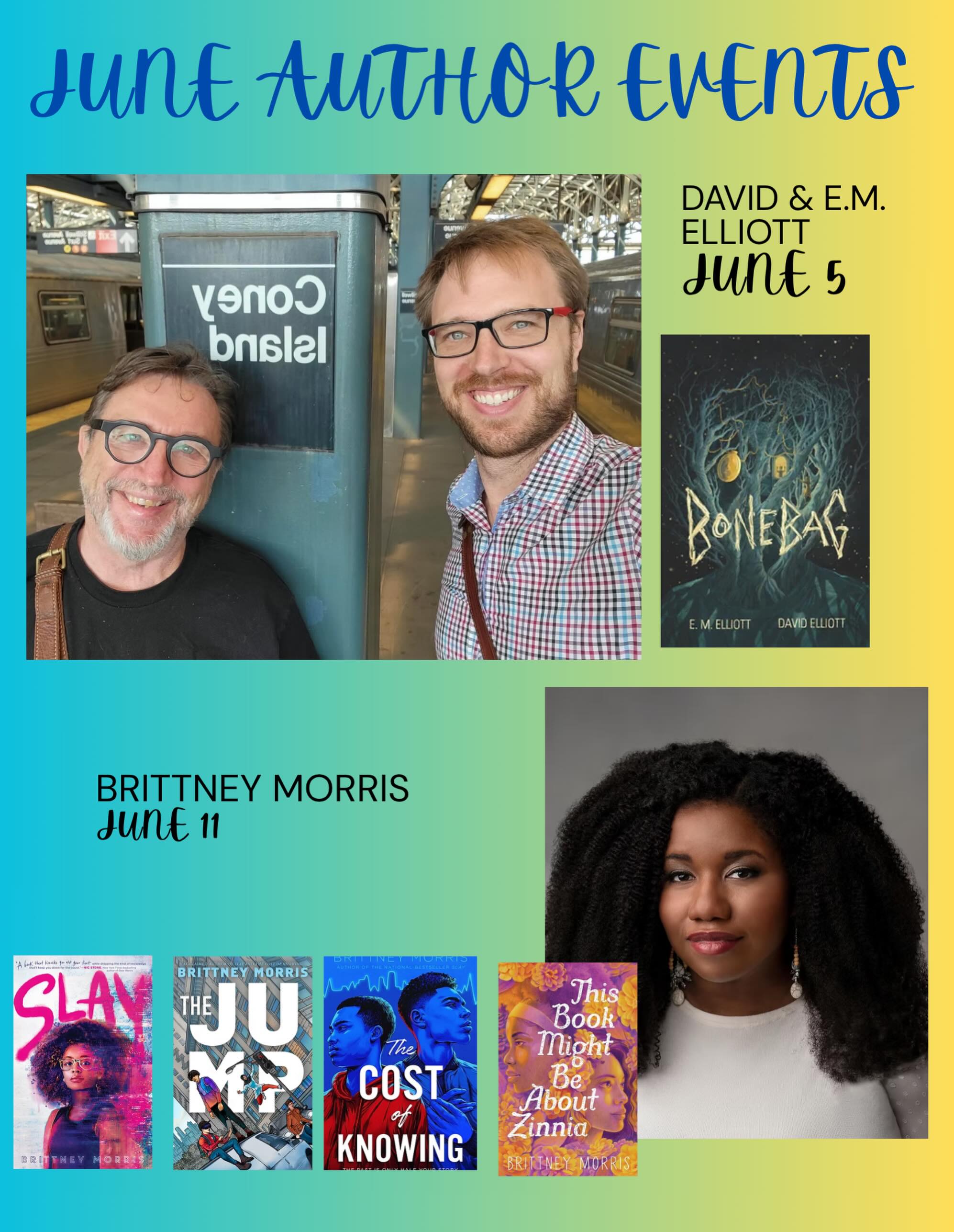 UPCOMING AUTHOR EVENTS AT MIDSUMMER BOOKS In JUNE…
First up, this Friday, June 5 - E.M. and David Elliott - co-authors of Bonebag, will join us in the shop at 5PM for a book reading and signing.
Their book, Bonebag, is a spooky, strange, funny middle grade adventure that is perfect for kids who love eerie forests, weird creatures, dark humor, and stories that feel like a campfire tale told by someone who may or may not be cursed.
Next week on June 11, Brittney Morris — author of SLAY, The Cost of Knowing, The Jump, and This Book Might Be About Zinnia, will join us at 5PM.
Brittney is one of the most exciting voices in YA today, writing smart, emotional, deeply relatable stories about identity, fandom, grief, gaming culture, friendship, and finding yourself in a complicated world.
So yes you are reading this right - we have:
~ one event for the kids who veer to the goosebumps section of our shop, and
~ one event for the teens who love video games, annotate books, and have emotionally devastating playlists
…and here’s a secret - both are for also adults too, because children’s and YA literature is 100% accessible and enjoyable for adults too (hey it’s my personal favorite and not just because I work here!)
So for both you can expect
- author talks + Q&As
- book signings
- opportunities for kids, teens, and adults to meet real working authors
- inspiration to start writing their own stories
(and then me, trying to act normal and professional instead of yelling “I LOVE YOUR BOOKS” repeatedly)
As always, these events are about helping young readers discover stories that make them feel seen, excited, curious, brave, weird, and creative.
We will see you there! At Midsummer Books in Our Mutual Friend Community Room.
RSVP is encouraged because our bookstore is cozy in the “indie movie montage” sense, not the “stadium seating” sense. You can do this in our link in bio. #authorvisit #fishtownphilly #phillykids
@daelliott1234 @brittneymmorris