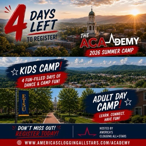 Adventure. Overnight Camp Life. Fun Dance. New Friends. Activities. Teamwork. Clogging. Lifelong Memories. Scavenger Hunts and More...The ACA Experience!
4 Day left to Register
***When dorm rooms run out we won’t be able to accept any more kids.
www.americascloggingallstars.com/academy