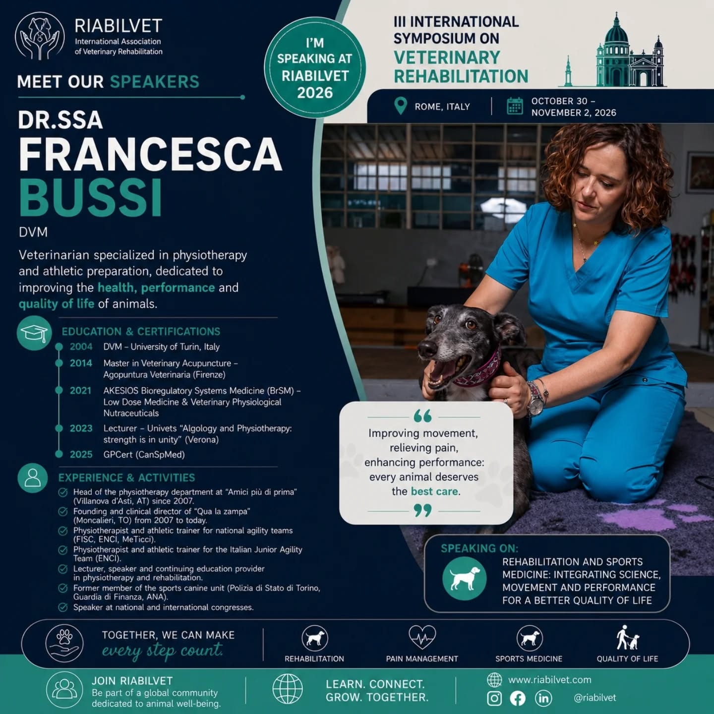 🇮🇹✨ Siamo felici di annunciare un’altra straordinaria relatrice internazionale del RIABILVET 2026:
🎓 Dr.ssa Francesca Bussi
Veterinaria fisiatra con oltre 20 anni di esperienza dedicata alla fisioterapia veterinaria, alla medicina sportiva e alla preparazione atletica del cane sportivo.
✔ DVM – Università di Torino
✔ Master in Agopuntura Veterinaria
✔ GPCert (CanSpMed)
✔ Esperienza internazionale in fisioterapia, neurologia, ortopedia e terapia del dolore
🌍 Una professionista che unisce esperienza clinica, medicina sportiva e riabilitazione funzionale con una visione moderna e multidisciplinare della medicina veterinaria.
🐾 Da anni segue atleti cinofili, squadre nazionali di agility e cani sportivi a livello nazionale e internazionale.
📍 La Dr.ssa Francesca Bussi sarà tra i relatori del:
🎓 III International Symposium on Veterinary Rehabilitation – RIABILVET 2026
📅 30 ottobre – 2 novembre 2026
📍 Roma, Italia
💬 “Improving movement, relieving pain and enhancing performance: every animal deserves the best care.”
🔥 Iscrizioni aperte
🎟️ Posti limitati
#Riabilvet2026
#VeterinaryRehabilitation
#SportsMedicine
#Physiotherapy
#PainManagement
VeterinaryMedicine
VetCongress
FrancescaBussi