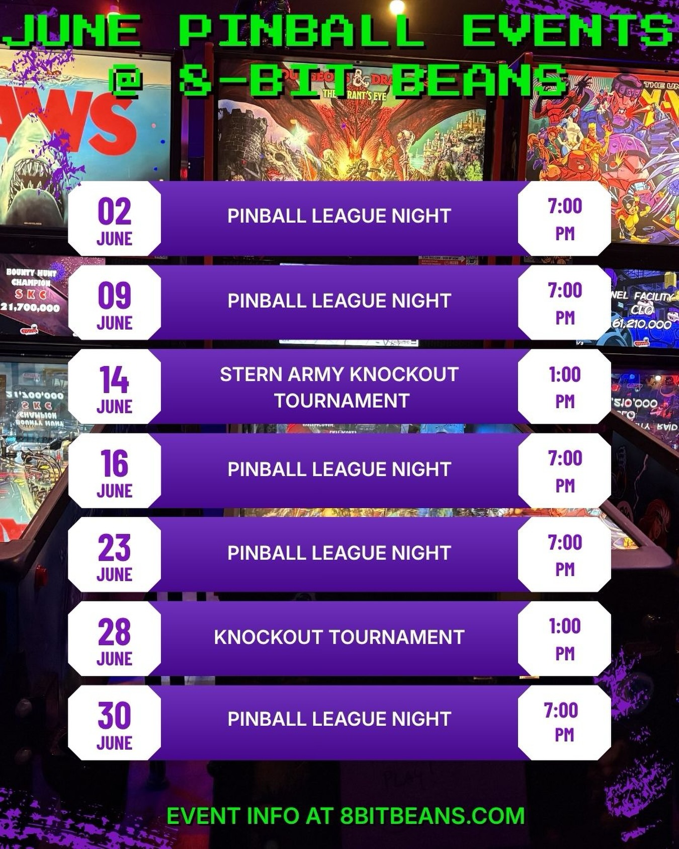 🚨Pinball in June at 8-Bit Beans🚨
Durham Region’s home for pinball is packed for June! All month long on Tuesday nights at 7PM is Pinball League nights. Drop ins welcome! Plus we have 2 Sunday afternoon Knockout tournaments that are always a blast, with cool prizes and of course bragging rights! For those who play competitively, all events are IFPA sanctioned and contribute to your points. See you soon!
#pinball #arcade #coffee #pressstart #downtownwhitby