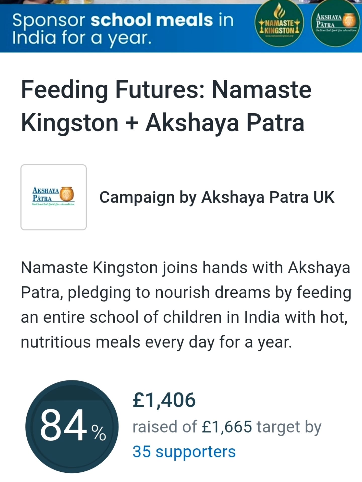 A heartfelt thank you to the entire Namaste Kingston family for your generous support and contributions towards this incredible cause. ❤️
We have reached 84% of the target amount.
Together, Namaste Kingston has joined hands with Akshaya Patra, pledging to nourish dreams by providing an entire school of children in India with hot, nutritious meals every day for a whole year.
What makes this achievement even more special is that it wasn't just our members who stepped forward. Our valued partners and suppliers also came together with a shared vision of giving back and making a meaningful difference. @mkroadshow, @diwalicrackersoninsta, @saachikitchen, @bhangrablends
This is the true power of community—when people unite with compassion, purpose, and generosity, extraordinary things happen.
Thank you for helping us create a lasting impact and feeding the futures. 🙏✨
Our campaign is still open, pls help us reach the target.
https://www.justgiving.com/campaign/namastekingston-2026
#NamasteKingston #AkshayaPatra #PowerOfCommunity #GivingBack
#TogetherWeCan FeedTheFuture