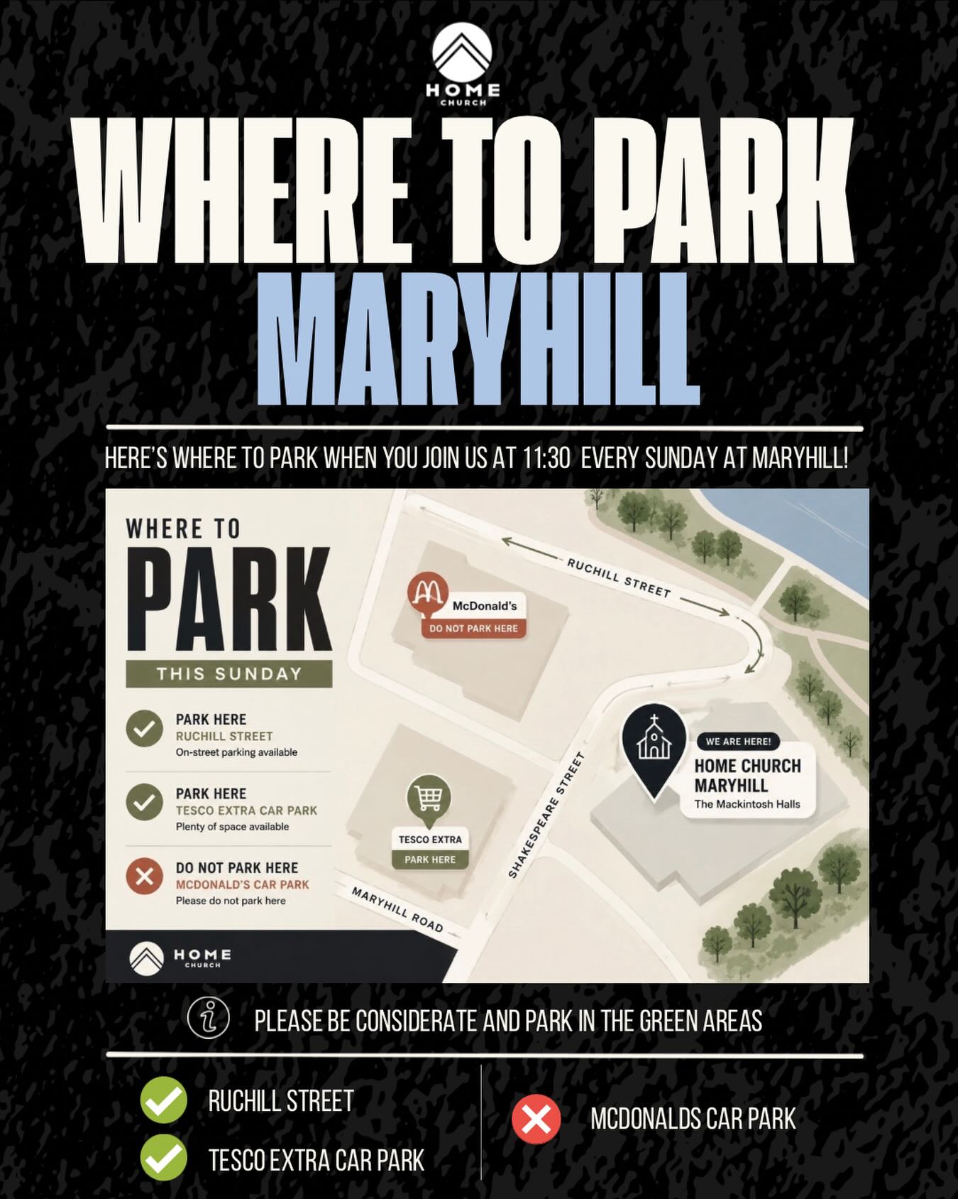 ✨‼️ HERE IS YOUR PARKING GUIDE TO MARYHILL THIS SUNDAY ✨‼️
We want to make sure that everyone is able to park up safely, and considerate to our neighbours 🤍
There are loads of parking spaces available in the Tesco express just across from the church, as well as on street parking at Ruchill street. Therefore, we would kindly discourage everyone to not use the McDonald’s car park but the other spaces instead.
We can’t wait to see everyone on Sunday !! 🤍🏴
#church #faith #christian #glasgow #jesus