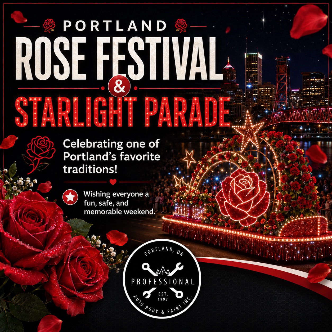 🌹✨ Portland, it’s time to celebrate one of our city’s most beloved traditions ✨🌹
Tomorrow night, June 6, the Portland Rose Festival Starlight Parade lights up downtown and kicks off the excitement of summer in the Rose City 🎉🌟
This incredible event is one of Portland’s most iconic traditions, bringing together families, friends, neighbors, and visitors for a night filled with dazzling floats, lights, music, and community spirit. It’s a celebration that generations of Portlanders have enjoyed and one that truly showcases what makes our city so special.
The Rose Festival festivities are happening all week long, including the CityFair along the beautiful Tom McCall Waterfront Park, offering fun for all ages. From carnival rides and food vendors to parades and entertainment, there’s something for everyone to enjoy.
At Professional Auto Body & Paint, we love supporting and celebrating the events that bring our community together. Portland’s unique traditions are part of what makes this city such an amazing place to live, work, and raise a family.
🌹 Bring your friends.
🌹 Bring your family.
🌹 Make memories together.
Don’t miss the Parade tomorrow night and be part of one of the biggest and most beautiful events of the year. It’s the perfect way to welcome summer in Portland!
For parade routes, schedules, and event details, visit the Portland Rose Festival website.
We love Portland and all the traditions that make our city shine ✨
#rosefestival
#parade
#downtown
#pdx
#carnivalrides