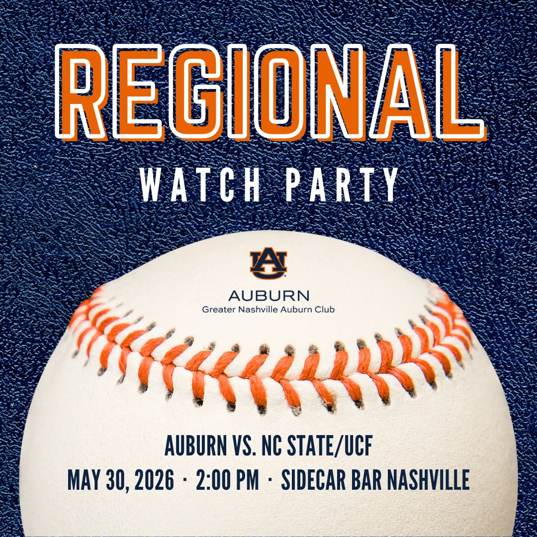 Come out and support Auburn Baseball tomorrow at our game watch party spot @sidecarbarnash at 2:00 PM.
A few reminders about Sidecar:
-Kids under 21 are welcome to join with a parent or guardian.
-Arrive early if you can to snag a seat for you and your crew-our Auburn Family in Nashville is big!
-Street parking is abundant in Germantown, or there’s a small lot next to the venue.
War Eagle and see you there! 🐅🦅⚾️