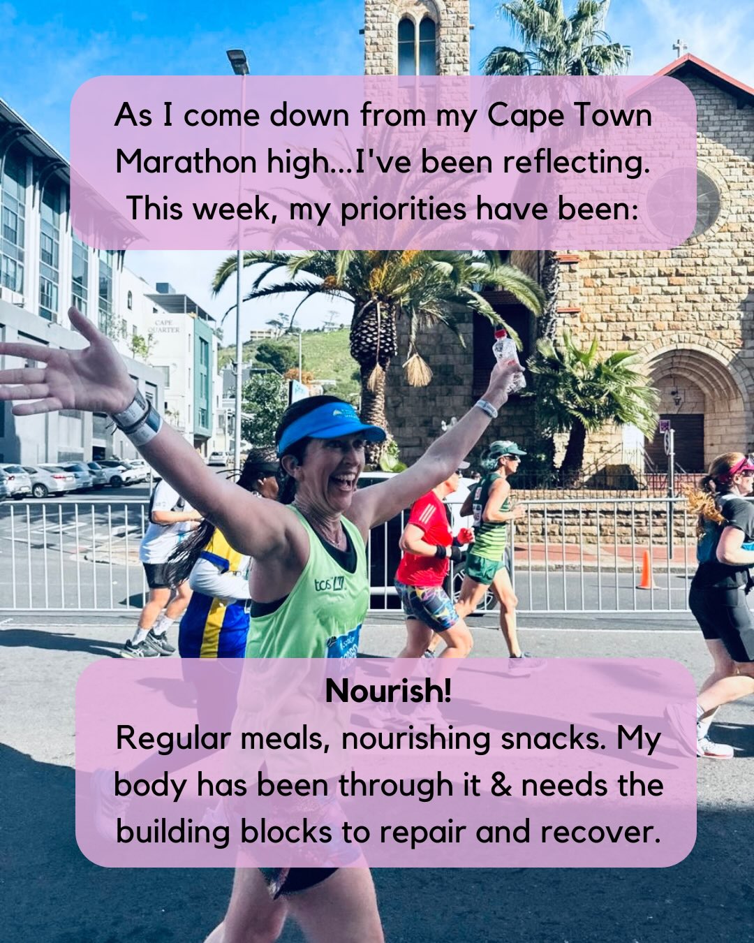 🏃🏻♀️As a perimenopausal runner - recovery isn’t just about sleep and nutrition. It’s also about appreciating what your body has achieved and celebrating it.
🇿🇦 My Cape Town marathon run wasn’t fast and it wasn’t pretty - it was sweaty, sweary, and spectacular!
OH MY GOODNESS, what a privilege to be a part of that epic event.
💪🏻 Do you have any physical challenge goals that you have set yourself?
#CapeTownMarathon #MarathonRecovery#WomenWhoRun #RecoveryNutrition