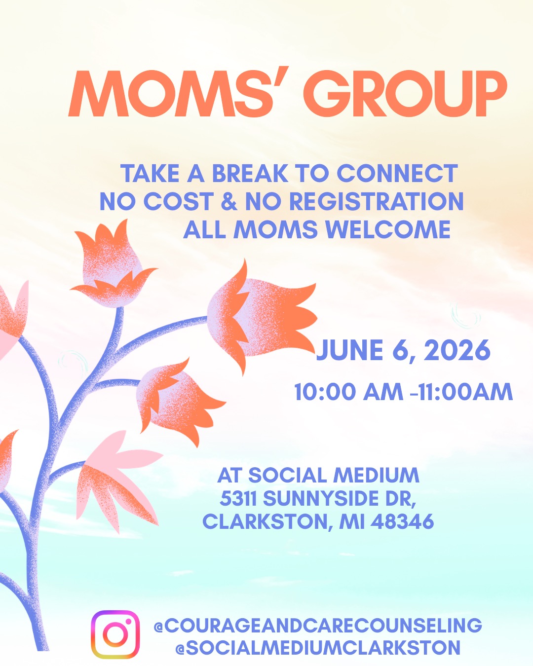 Join us the first Saturday of each month for Moms’ Group- no cost, no agenda, just conversation and support. #clarkstonmi #waterfordmi #communitycare #supportgroup