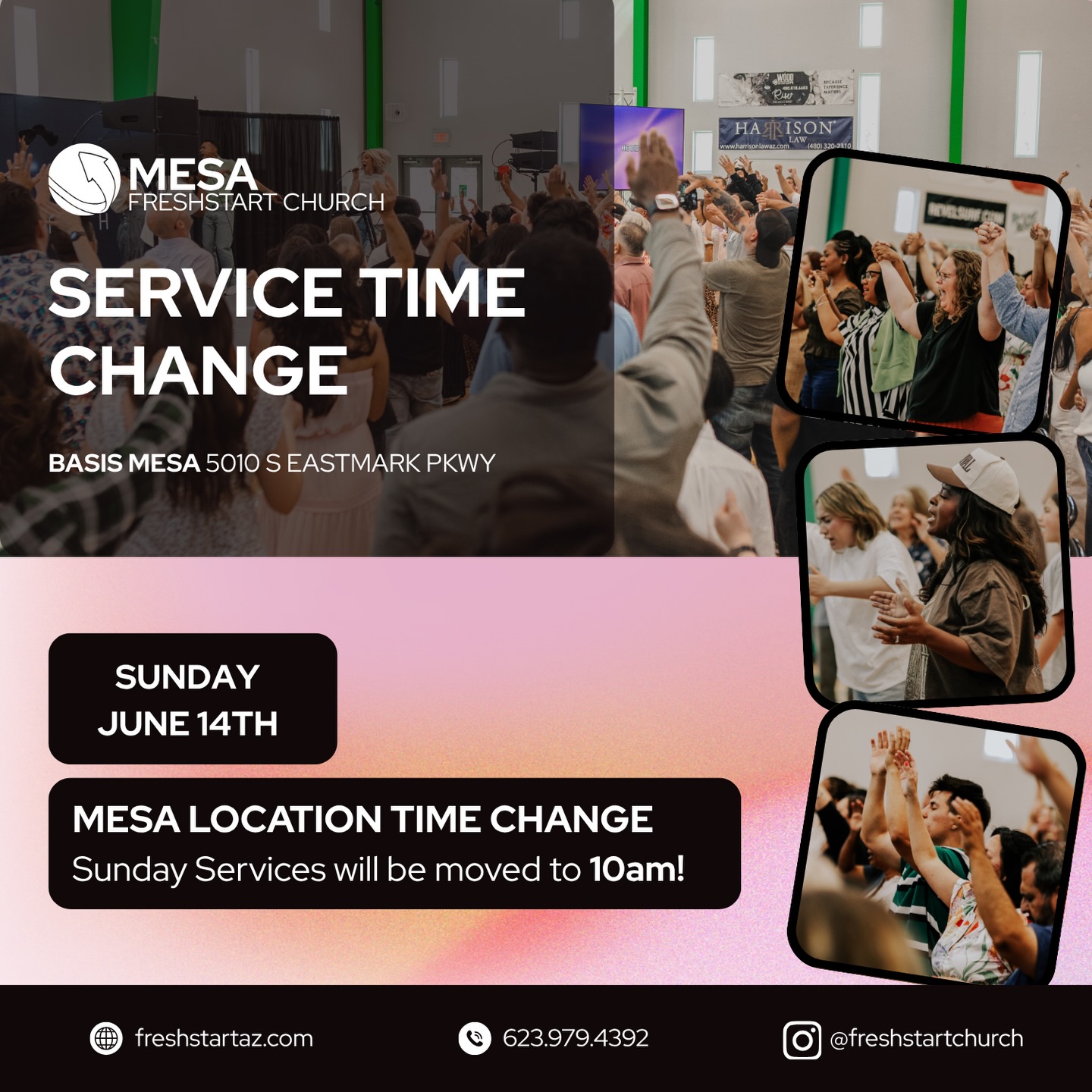 🏜️MESA IS MOVING TO 10AM🏜️
Mark your calendars because starting
‼️SUNDAY, JUNE 14TH‼️
FSC MESA WILL OFFICIALLY BE STARTING SERVICE AT 10AM!
- MEETING AT BASIS MESA 5010 S EASTMARK
PKWY
MESA, AZ 85212
Fresh Start Church has been a thriving body of believers in Peoria, Arizona for over 20 years with lead pastors Paul and Kim Owens! We are believing for a move of God on the Eastside!
Come and contend with us for the sustained power and presence of Jesus that results in transformed lives! #FreshStartRevival
To learn more about us, please visit our website at www.freshstartaz.com!
#FSCMESA #EASTSIDE #CHURCHPLANT