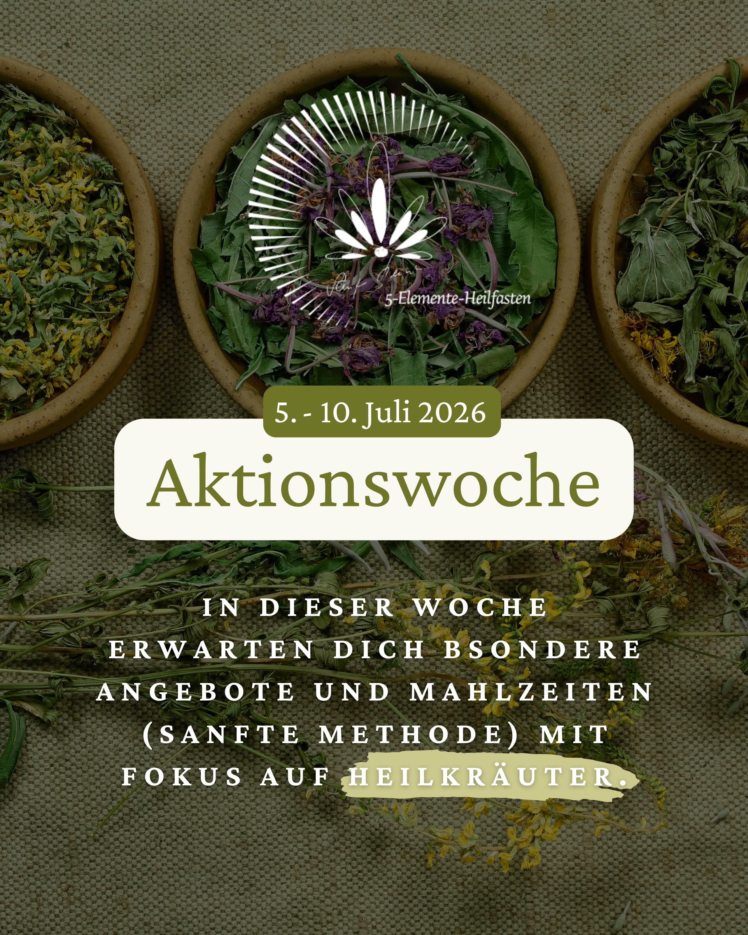 🌿 5.–10. Juli: 5-Elemente-Heilfasten mit Heilkräutern
In dieser besonderen Fastenwoche tauchen wir gemeinsam in die Welt der Heil- und Wildkräuter ein. Wir sammeln Kräuter in der Natur, lernen ihre Wirkung kennen und integrieren sie direkt in unsere Fastenküche.
✨ Heilfasten nach den 5 Elementen
✨ Kräuterwanderungen & Wildkräuterkunde
✨ Praktisches Wissen für deinen Alltag
Entgiften, regenerieren und die Kraft der Natur entdecken. 🌱
Bist du dabei?
#heilfasten #5elementeheilfasten #wildkräuter #heilkräuter #fastenretreat