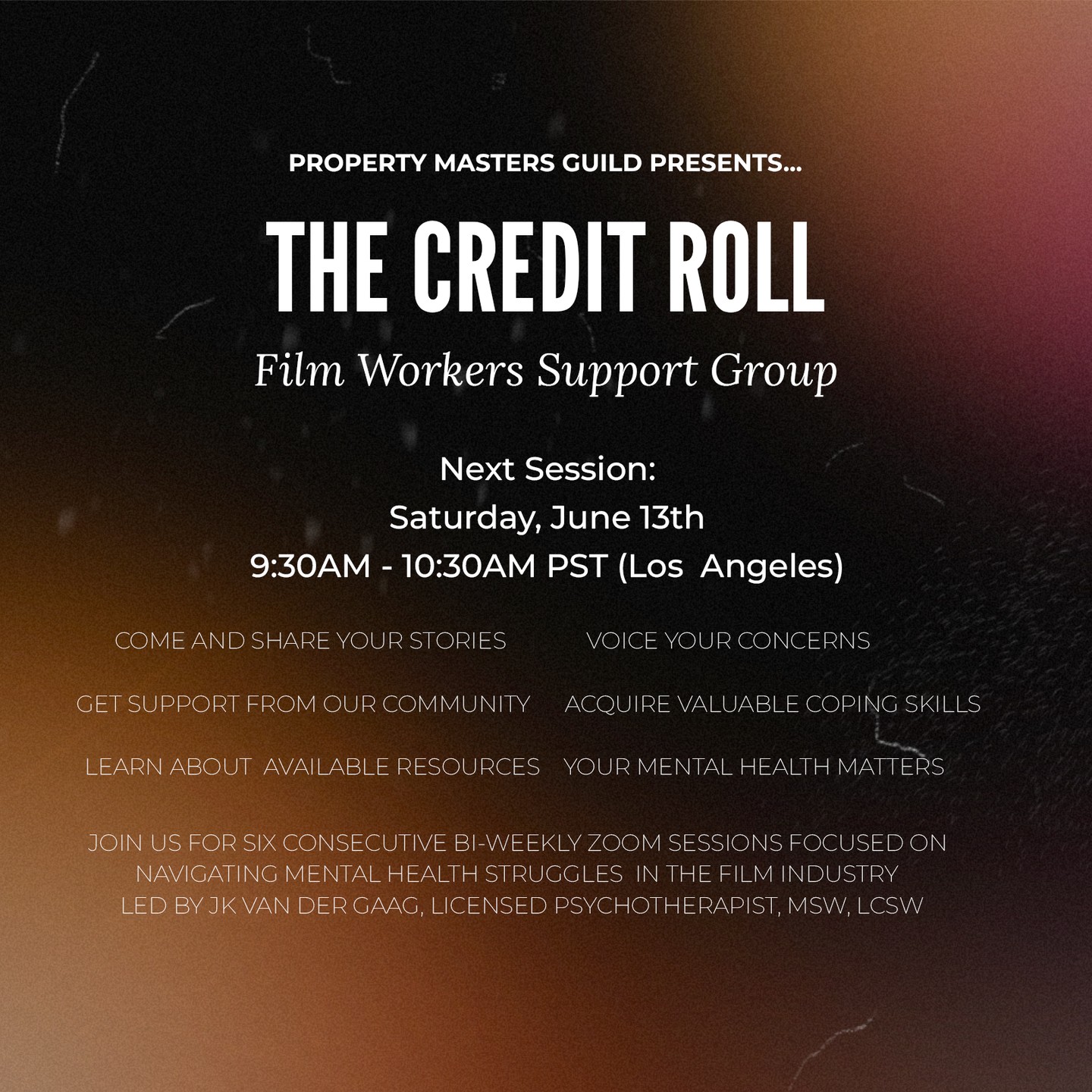 Join us for our Credit Roll Program via Zoom. We are continuing with our program of biweekly sessions on Saturdays at 9:30AM PST (Los Angeles). Our Program will continue until June 13th.
The Property Masters Guild understands that we are in a difficult period with the state of the industry. We're here to help.
Come and share your stories, voice your concerns, get support from our community, acquire valuable coping skills and learn about available resources.
Your Mental Health Matters.
This program is open to all those who work in the entertainment industry, across all departments - members & non members.
Register through the link in our bio.