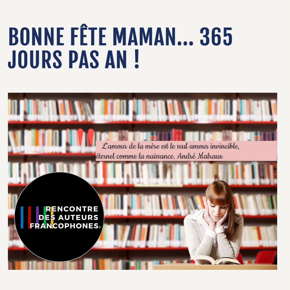 Spécial fête des mères
Dans l’infolettre du week-end, nous avons célébré les mamans en rappelant que la fête des mères, c’est pour nous 365 jours par an d’amour, de respect... et de livres en cadeau !
Découvrez les nouveautés de la semaine et notre sélection « mamans »
https://rencontredesauteursfrancophones.com/so/31Pvofn4R?languageTag=fr&cid=5e2c6e36-a7ad-4778-b3b3-5a8bba8683f1