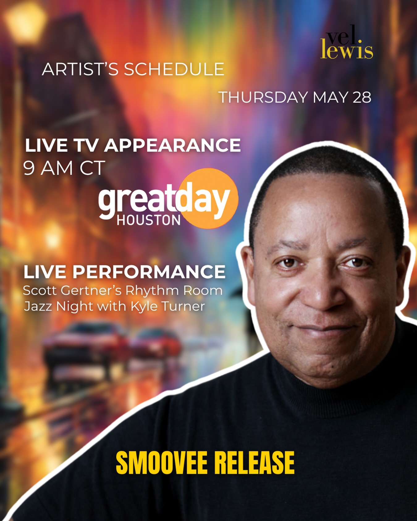 HOUSTON — May 28 is going to be a BIG day! 🔥
Catch me on the KHOU-TV 11 “Great Day Houston” at 9am
Then join me LIVE that night at Scott Gertner’s Rhythm Room with saxophonist Kyle Turner 🎶
We’ll be talking about my new single “Smoovee” featuring Marion Meadows — and later bringing the music live to Houston!
If you’re in the area, come out and celebrate with us. Looking forward to seeing everyone there!
#VelLewisMusic #Smoovee #Houston #GreatDayHouston #KHOU SmoothJazz KyleTurner LiveMusic MarionMeadows ScottGertnersRhythmRoom groovejazz hammondorgan hamfam