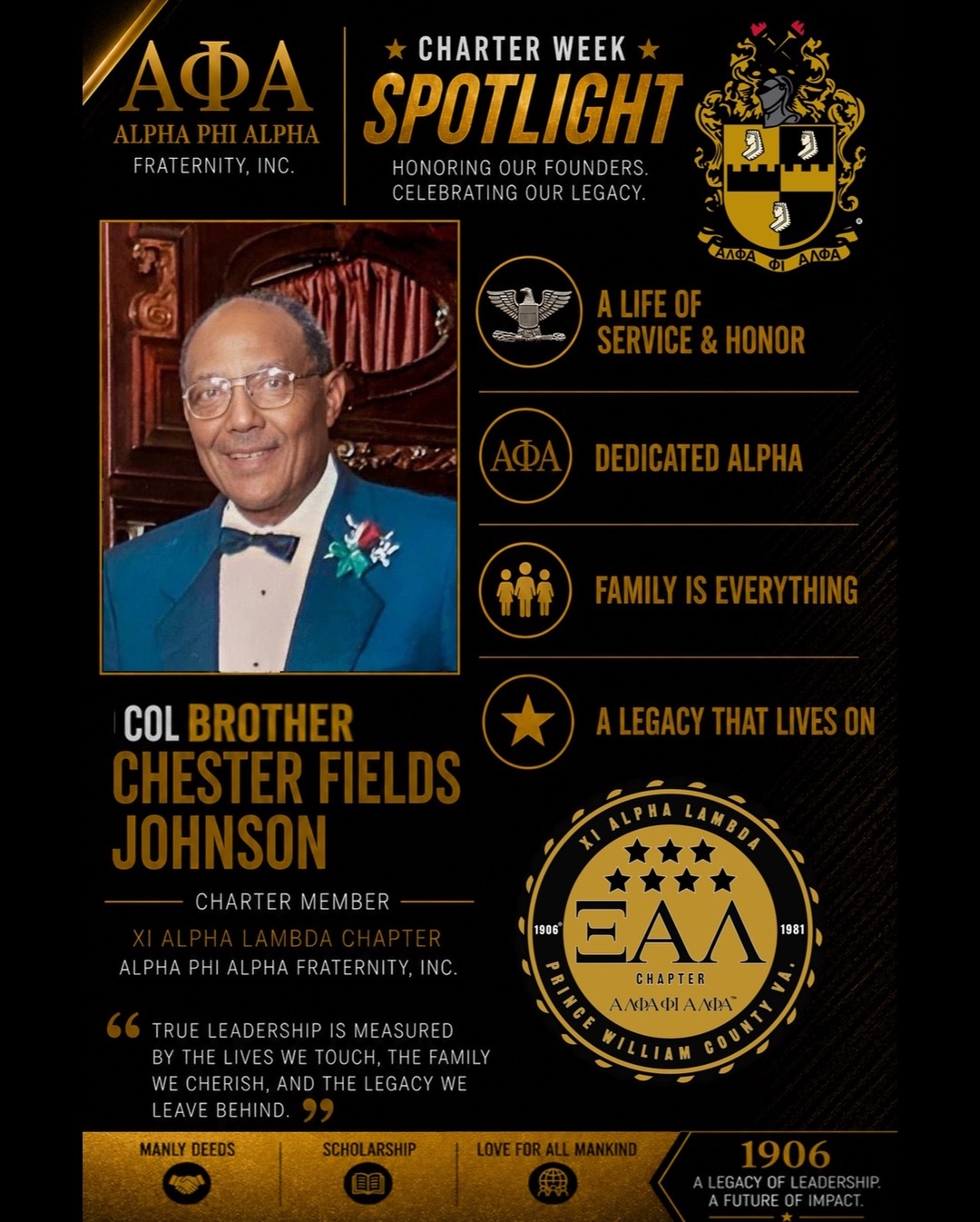 Charter Week Spotlight:
COL. Bro. Chester F. Johnson
As we celebrate 45 years of brotherhood, leadership, and impact in Xi Alpha Lambda, we proudly honor the visionary Brothers whose foundation built the standard of excellence we carry today.
We conclude our charter week spotlights by recognizing Charter Member COL. Bro. Chester F. Johnson, a Brother whose dedication, leadership, and commitment helped shape the legacy of this chapter from the very beginning.
His contributions continue to inspire generations of Brothers to lead with purpose, serve with passion, and uphold the ideals of Alpha with pride.
06!