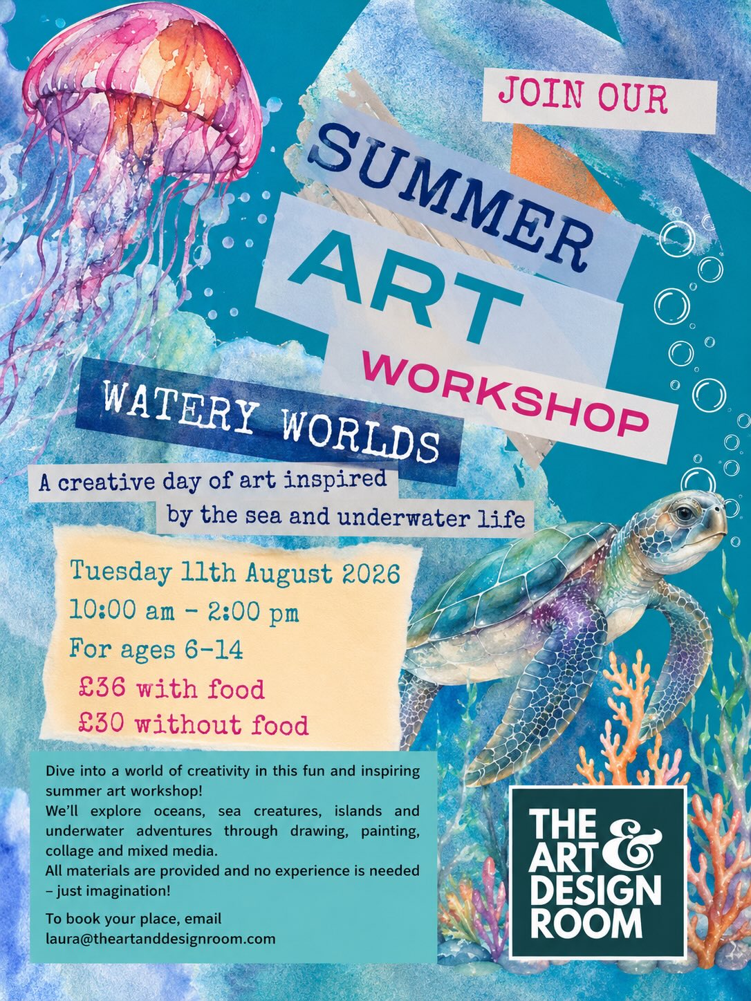 🎨☀️ SUMMER ART WORKSHOPS ARE HERE! ☀️🎨
Looking for a fun, creative summer activity for your child?
Join us at The Art & Design Room for two exciting themed art workshops packed with drawing, painting, collage and mixed media fun!
🌊 Watery Worlds
Tuesday 11th August
Dive into an underwater world of creativity inspired by oceans, sea creatures and magical marine life.
💥 Pop Art Workshop
Tuesday 18th August
Bold colours, comic-style art and creative pop art inspired projects!
⏰ 10:00am – 2:00pm
Ages 6–14
🍴 £36 with food
£30 without food
All materials provided
💙 No experience needed — just imagination!
To book your child’s place, please email laura@theartanddesignroom.com or message me on here 💗
#SummerArtClub #KidsArtWorkshop #CreativeKids #summerholidayactivities