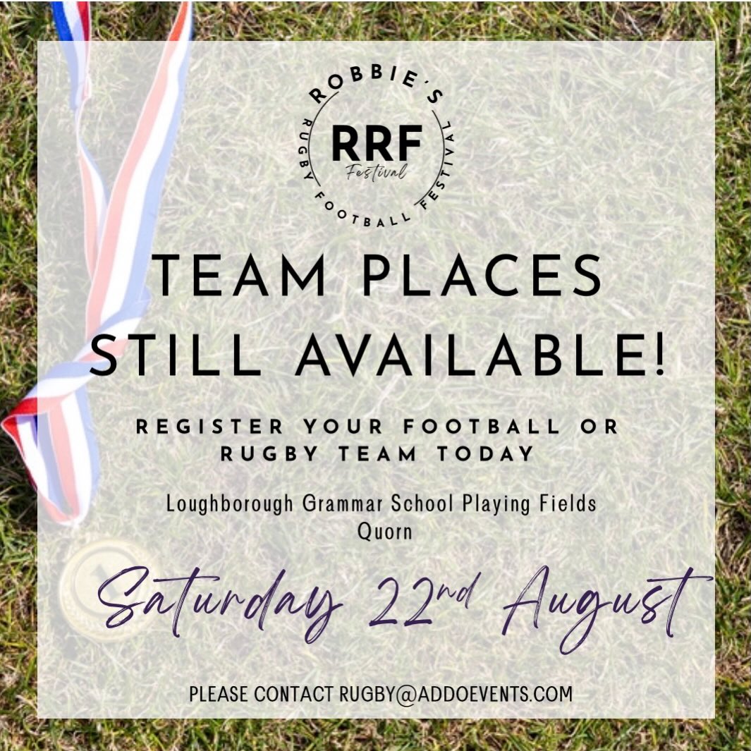 π TEAM PLACES STILL OPEN! β½οΈ
You can still enter your team for both the Rugby and Football tournaments at RRF Festival! Whether you are a seasoned pro or just playing for fun, all skill levels are welcome to join the action.
π
When: Saturday 22nd August
π Where: LGS Playing Fields, Quorn @lborogrammar
π Who: Teams of all abilities
Bring your squad, enjoy a fantastic day out with live entertainment, other activities, food, and drinks, all while raising vital funds for a local cause.
Tag your team captain or DM us for more info π