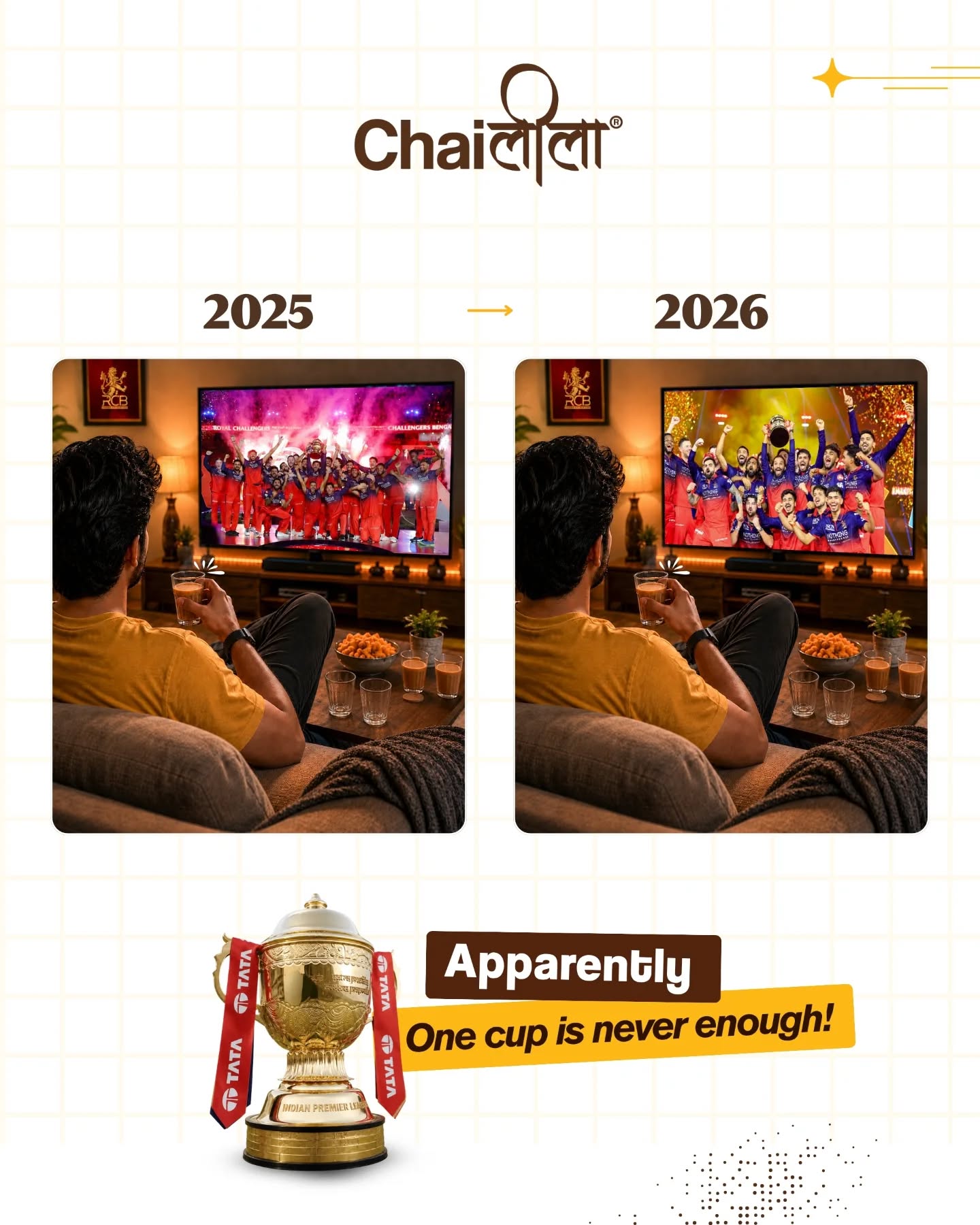 Winning looks good, but it tastes better with a refill ☕️🔥
(Chaileela, Apni Wali Jagah, Royal Challengers Bangalore, IPL 2026, Trending, Champions)
#chaileela #apniwalijagah #royalchallengersbanglore #ipl2026 #champions