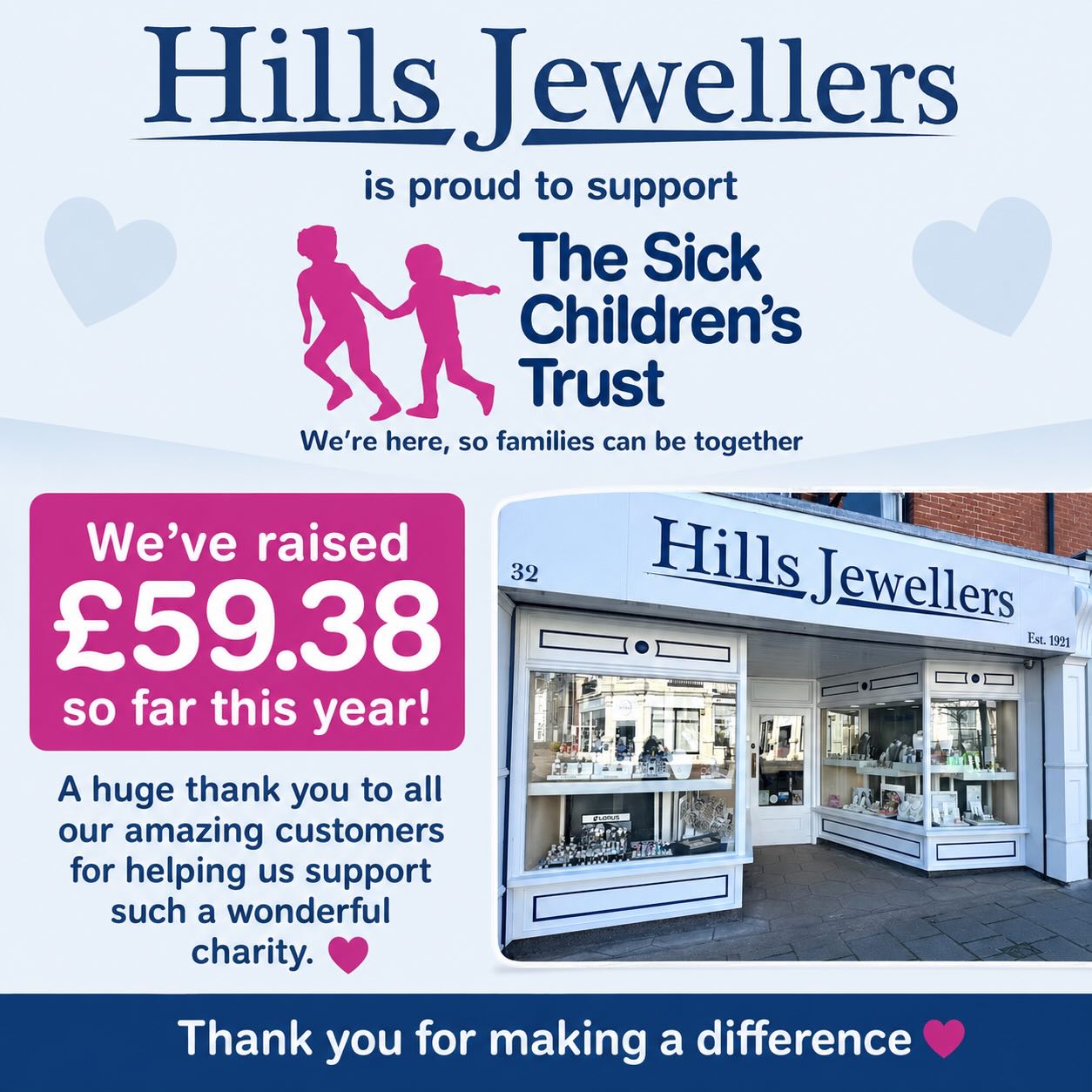 Thanks to all of our wonderful customers, we’ve been able to raise £59.38 so far this year for @thesickchildrenstrust it costs them £40 to house a family for 1 night. We appreciate all of your donations, big & small 🩷