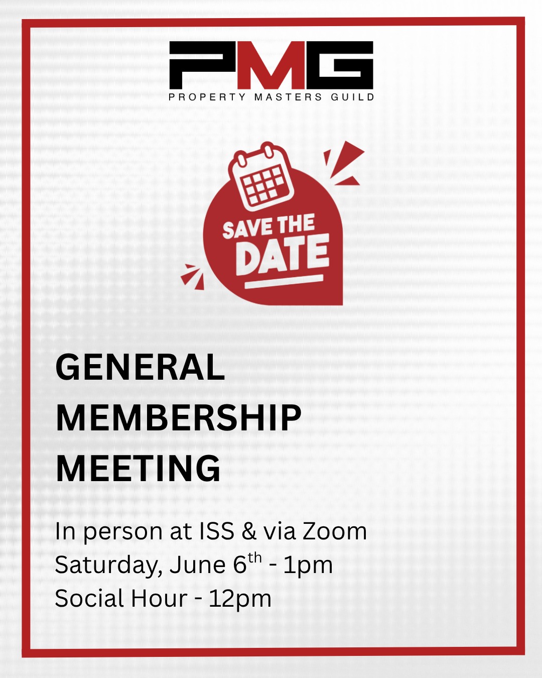 Join us Saturday, June 6th for our Annual General Membership Meeting at Independent Studio Services and on Zoom. Topic of discussion will be the State of the Industry & Craft Goals. Our 2026 Board Seat Nominations will be taking place. There are 6 seats available for Active Property Masters & Active Retired Property Masters. Don't miss this chance to connect, catch up, and contribute.
Social Hour kicks off at 12pm PST - in person guests can enjoy complimentary Porto's, drinks & coffee.
Meeting starts at 1PM PST
Meeting will be taking place on the LED stages (second door on right through SGI double doors). Parking is in the back by the loading dock.
If you wish to attend, please RSVP using the link in our bio.
#pmg #propertymastersguild #propertymaster #propmaster