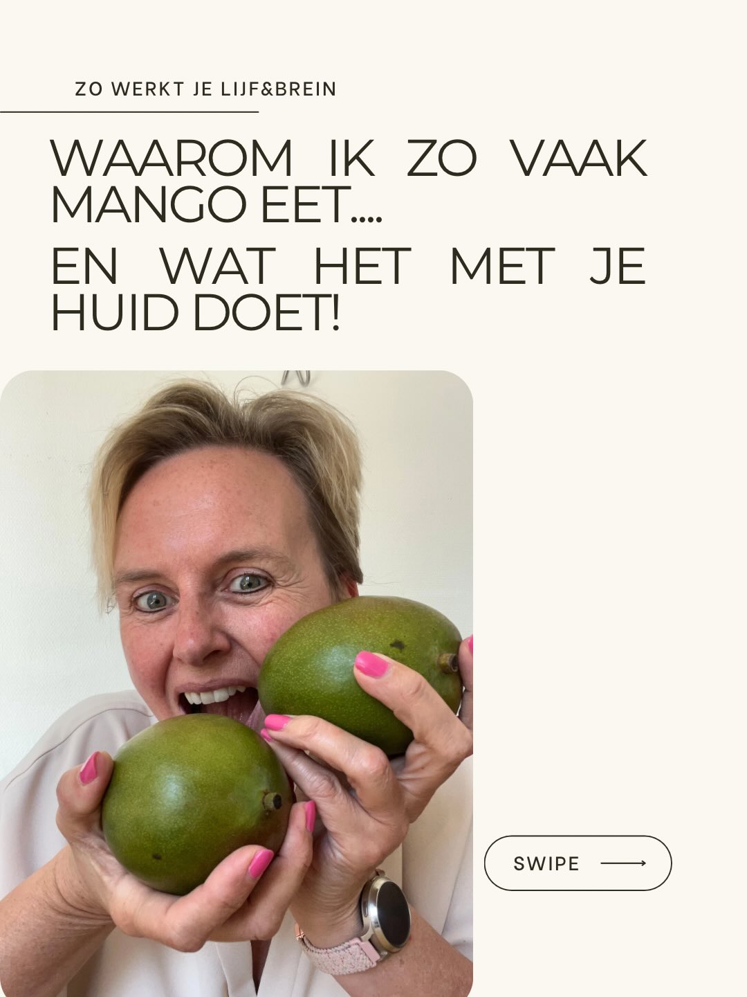 🥭 Waarom ik zo vaak mango eet en wat het met je huid doet.
Gezonde leefstijl begeleiding begint met begrijpen waarom bepaalde voeding zo krachtig is. Mango is daar een perfect voorbeeld van.
🔬 De Universiteit van Californië deed er zelfs onderzoek naar. Vrouwen die 4x per week een halve kop mango aten zagen na 2 maanden **23% minder diepe rimpels**.
Gewoon. Door. Mango. Te. Eten.
Swipe voor alle voordelen. 👉
Liefs, Elly 💋